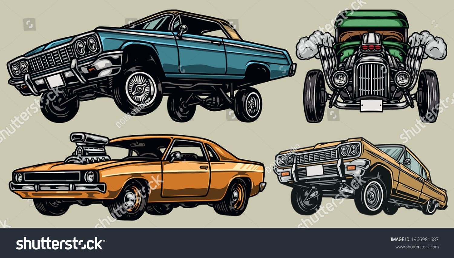 SVG of Retro custom cars colorful vintage concept with hot rod muscle and lowrider automobiles isolated vector illustration svg