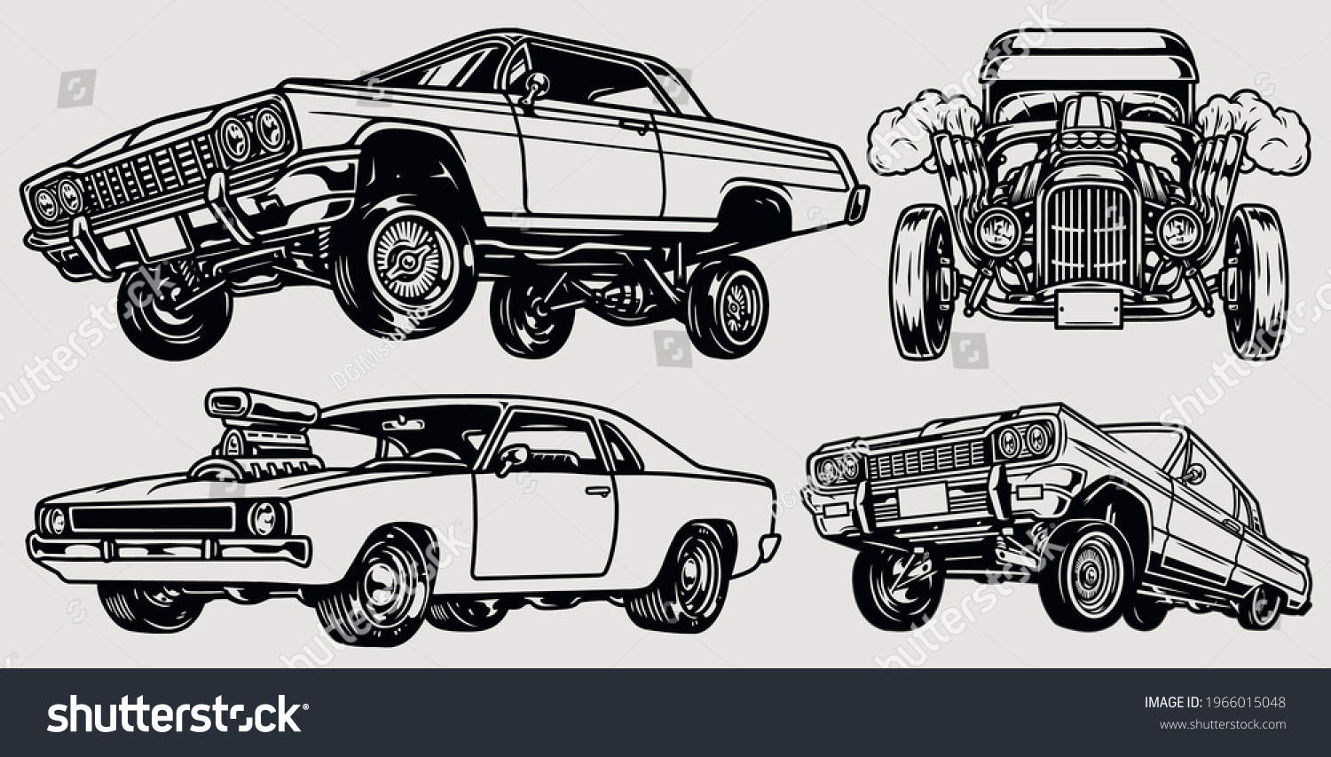SVG of Retro custom cars composition with hot rod lowrider and muscle automobiles in vintage monochrome style isolated vector illustration svg