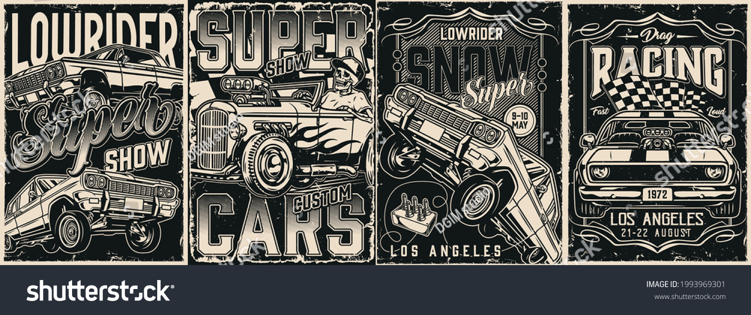 SVG of Retro custom cars monochrome posters in vintage style with american lowrider and muscle cars racing checkered flag skeleton in baseball cap driving hot rod with flame decal vector illustration svg
