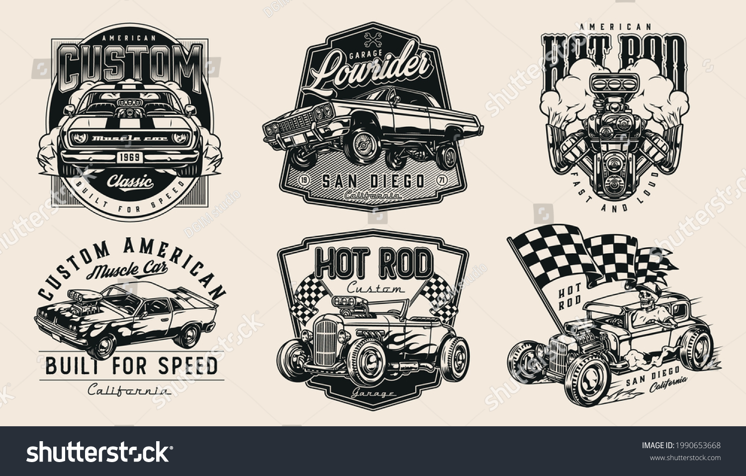 SVG of Retro custom cars vintage monochrome emblems with turbo engine racing checkered flag skeleton driving hot rod powerful muscle and lowrider cars on light background isolated vector illustration svg