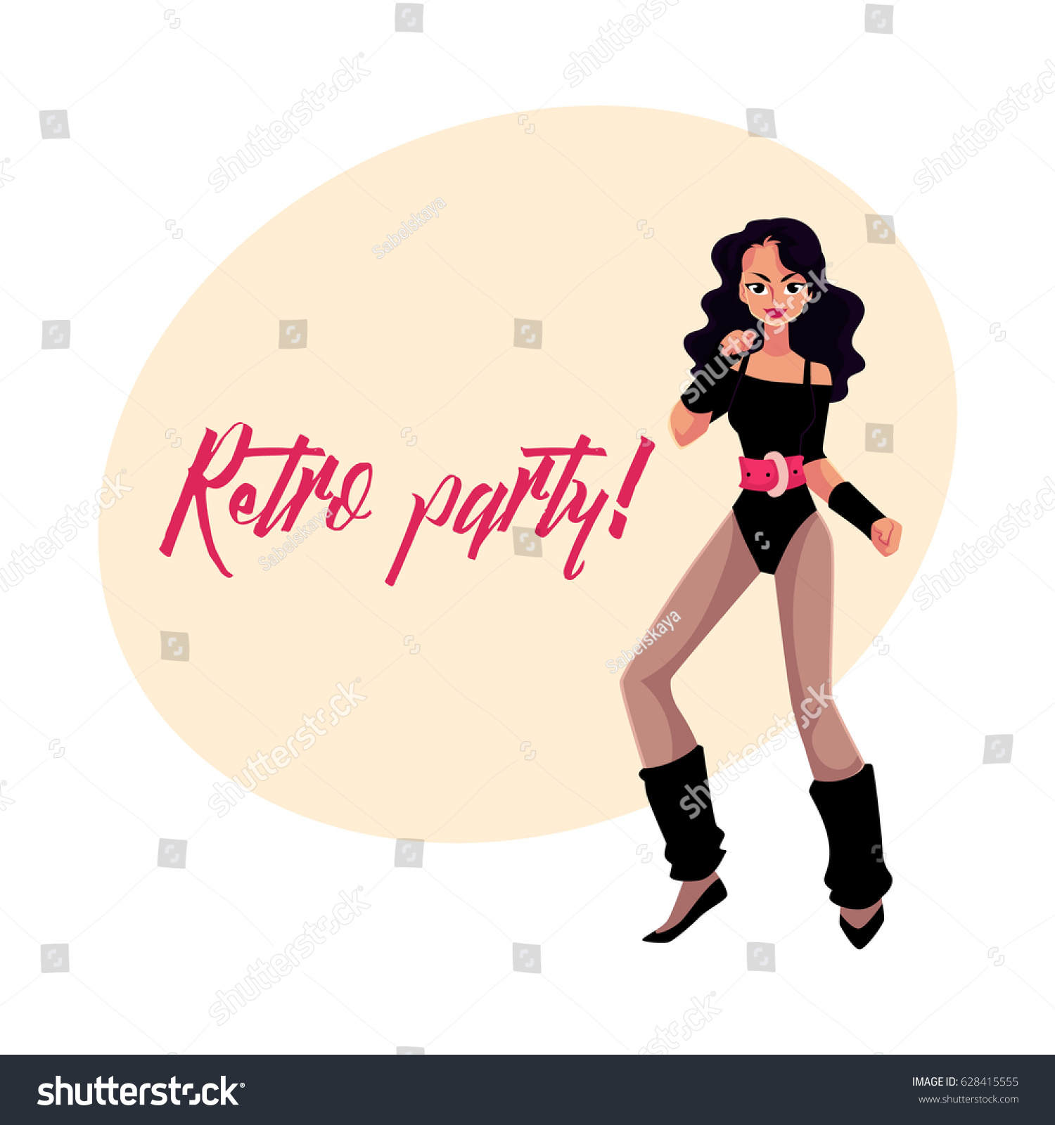 Retro disco party invitation, poster template with girl in 1980s style aerobics outfit, cartoon