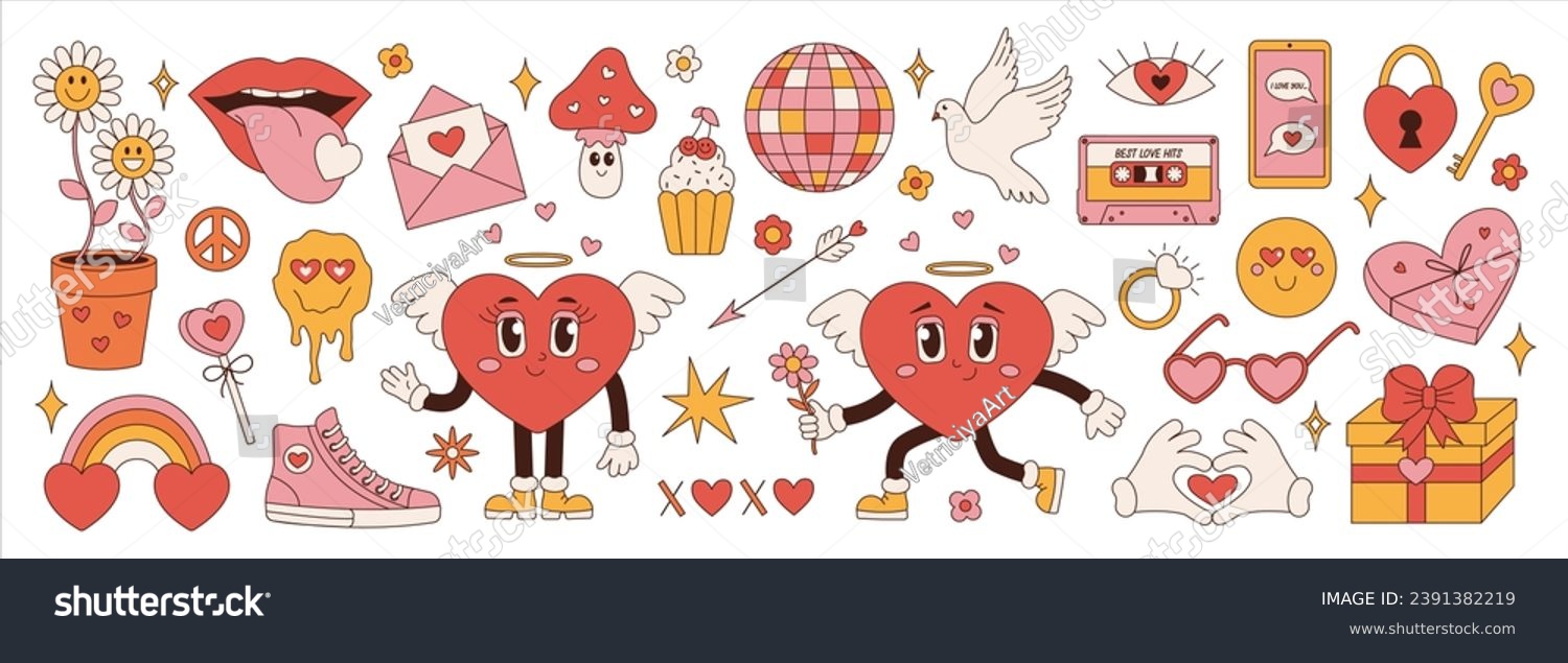 SVG of Retro groovy set for Valentines Day. Hippie love sticker, funny characters in shape of heart, trend 60s 70s. Vector cartoon illustration svg