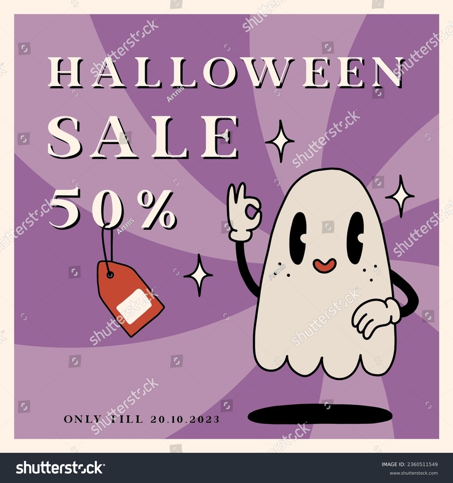 SVG of Retro Happy Halloween Sale banner with spooky cartoon Ghost Character in groovy 70s Vintage Style. Autumn holiday Sale offer ad with cute ghost mascot. Doodle 1970s cartoon style vector illustration svg