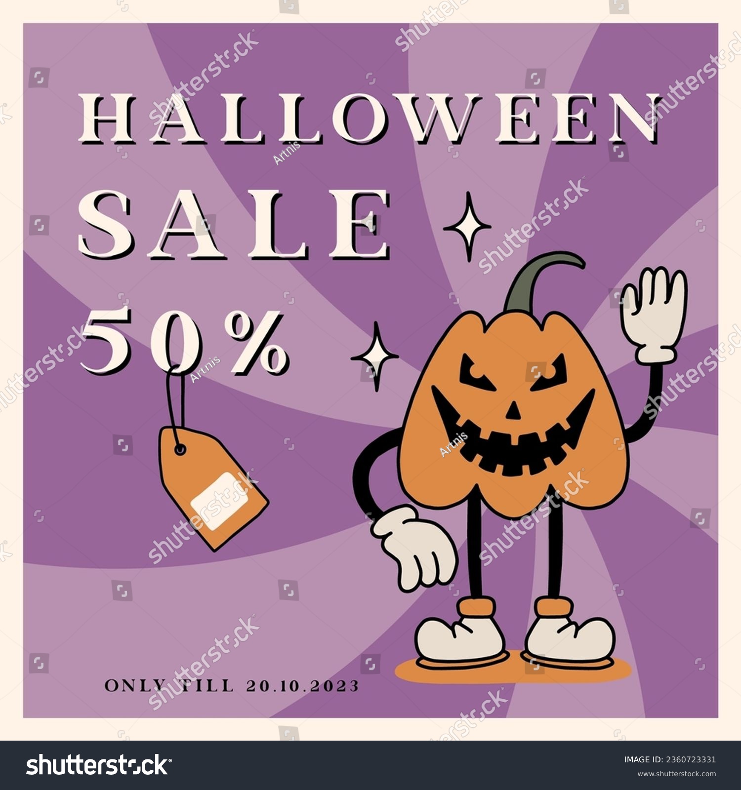 SVG of Retro Happy Halloween Sale banner with spooky cartoon Pumpkin Character in groovy 70s Vintage Style. Autumn holiday Sale offer ad with scary pumpkin mascot. Contour cartoon style vector illustration svg