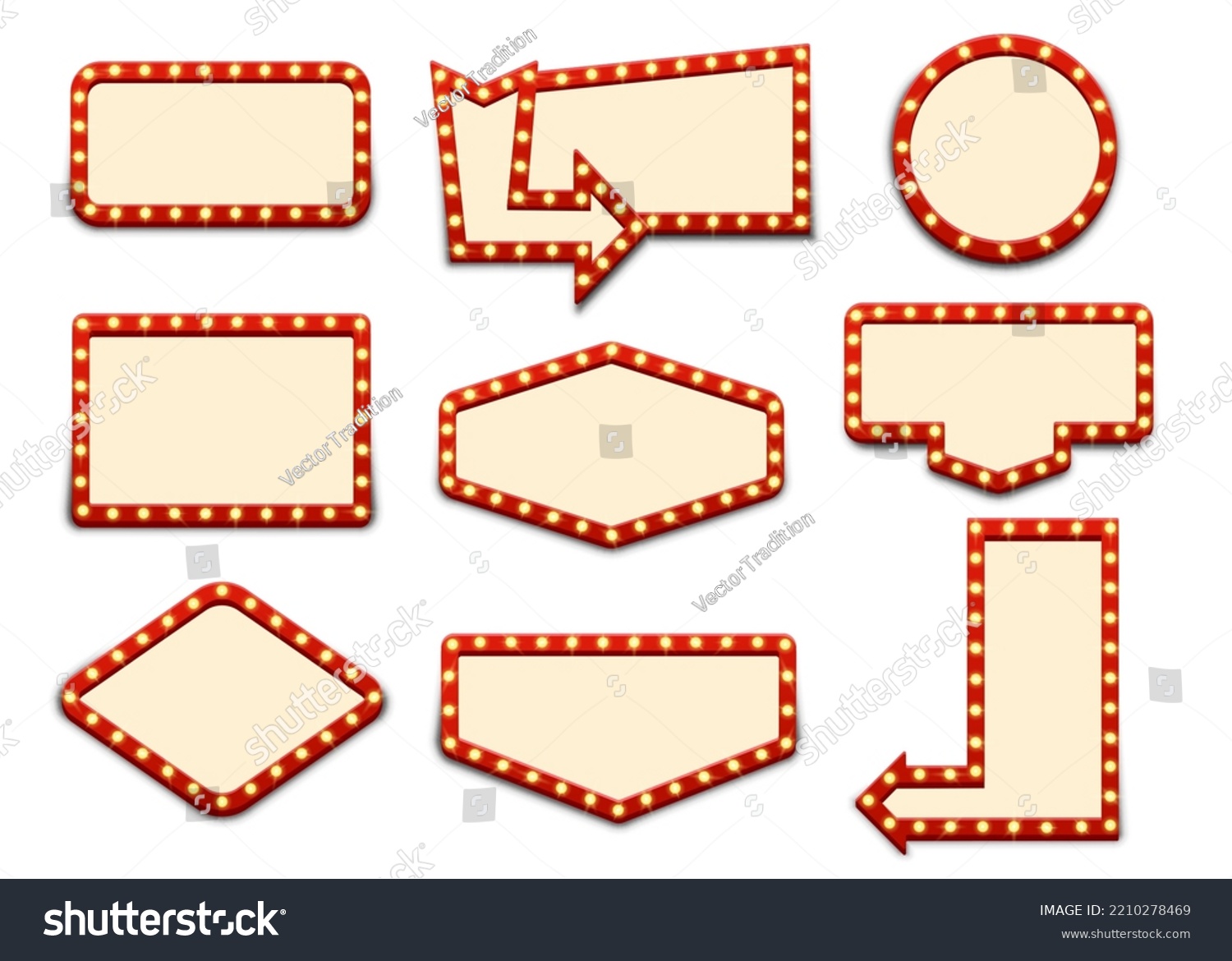 SVG of Retro lightboxes, cinema signs or billboard signage. Vector movie theater light frames. Retro lightboxes and signboards for circus show, Vegas casino club, vintage light bulb boxes, banners and arrows svg