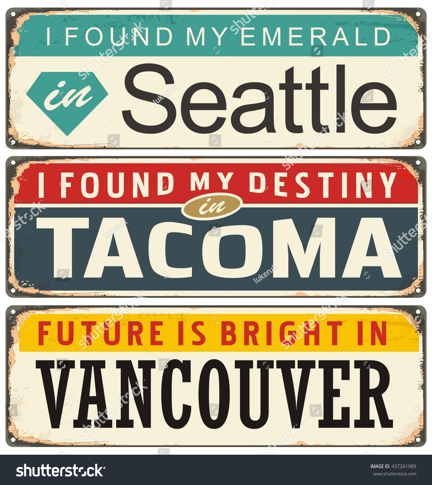 SVG of Retro metal signs collection with USA cities. Travel souvenirs on old damaged background. Seattle, Tacoma and Vancouver. svg