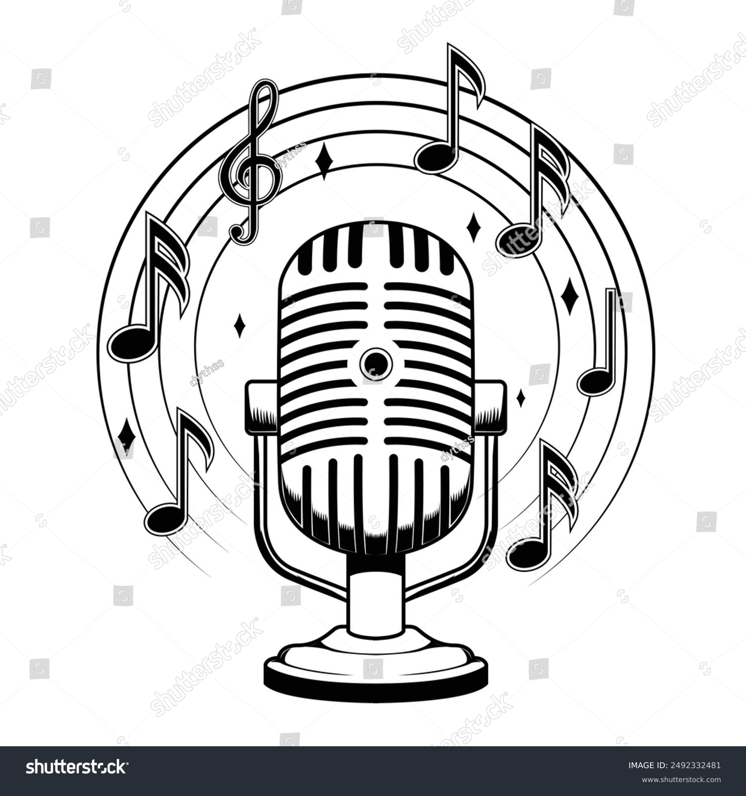 black and white microphone with musical notes clip art preview