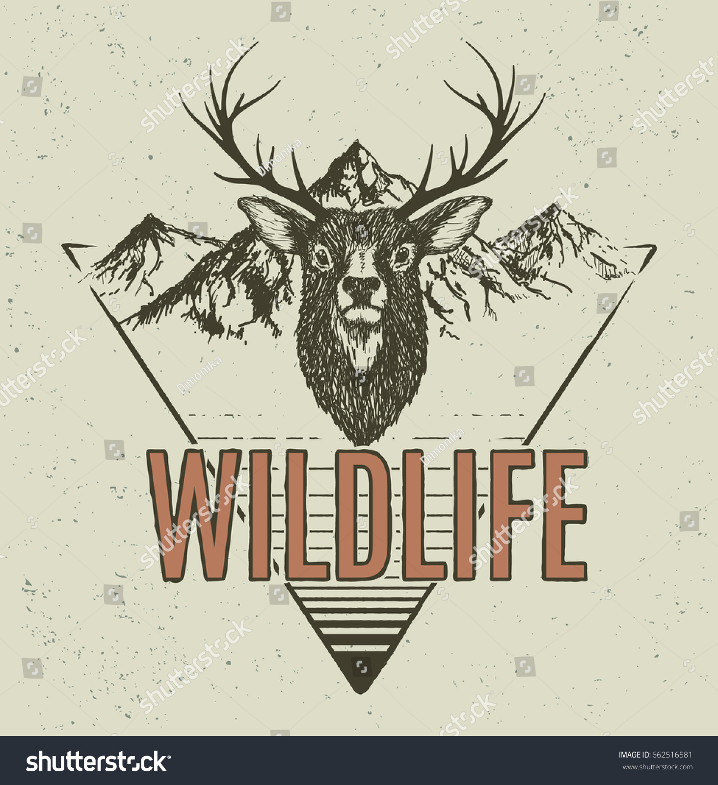 Retro Old Logolabel Or Emblem For Wildlife ThemeHorned Deer On Mountains Background Retro Old Logolabel Or Emblem For Wildlife ThemeHorned Deer On Mountains Background