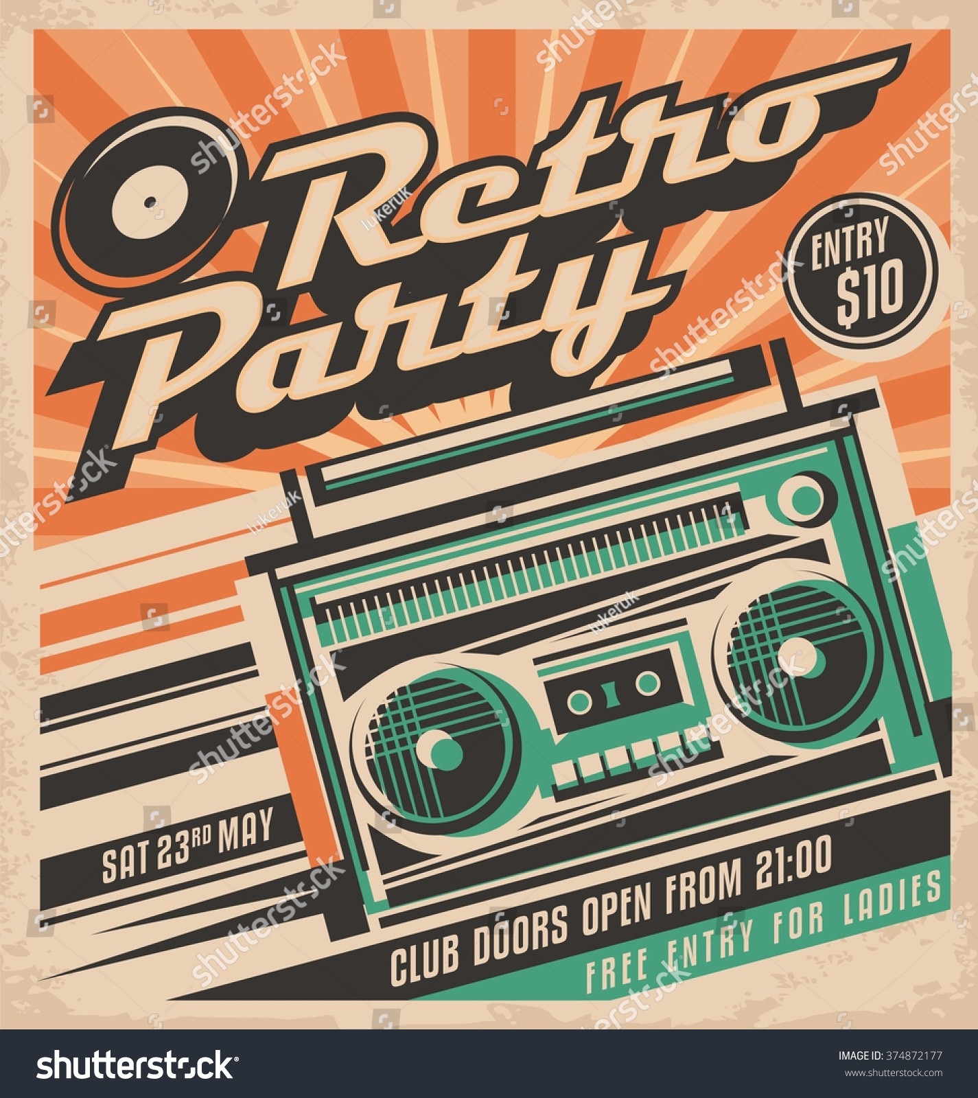 Retro Party Vector Poster Design Concept. Disco Music Event At Night ...