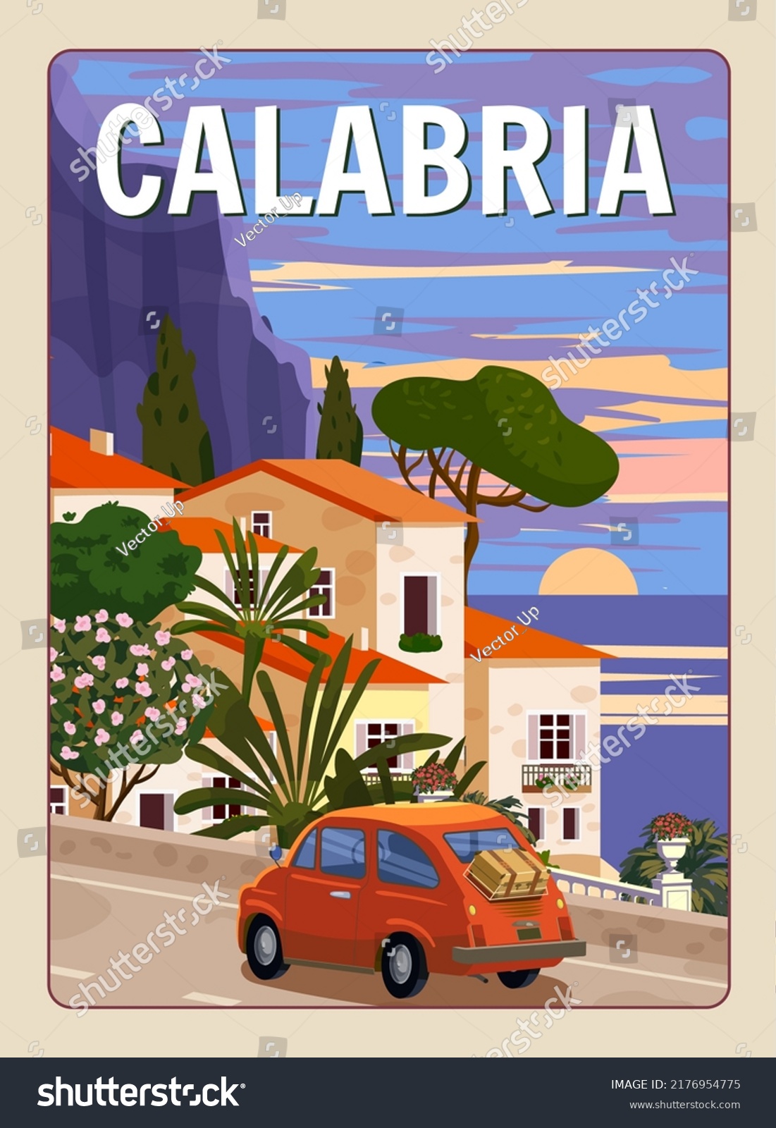 SVG of Retro Poster Italy, Calabria resort, Amalfi coast. Road retro car, mediterranean romantic landscape, mountains, seaside town, sailboat, sea. Retro travel poster svg
