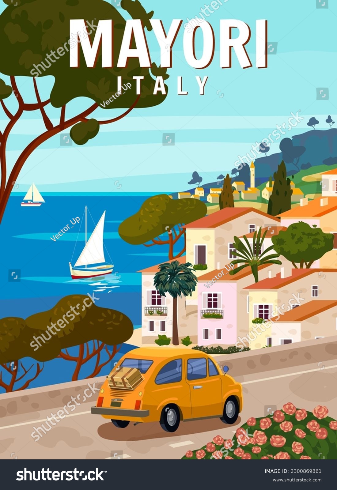 SVG of Retro Poster Italy, Mayori resort, Amalfi coast. Road retro car, mediterranean romantic landscape, mountains, seaside town, sailboat, sea. Retro travel poster svg