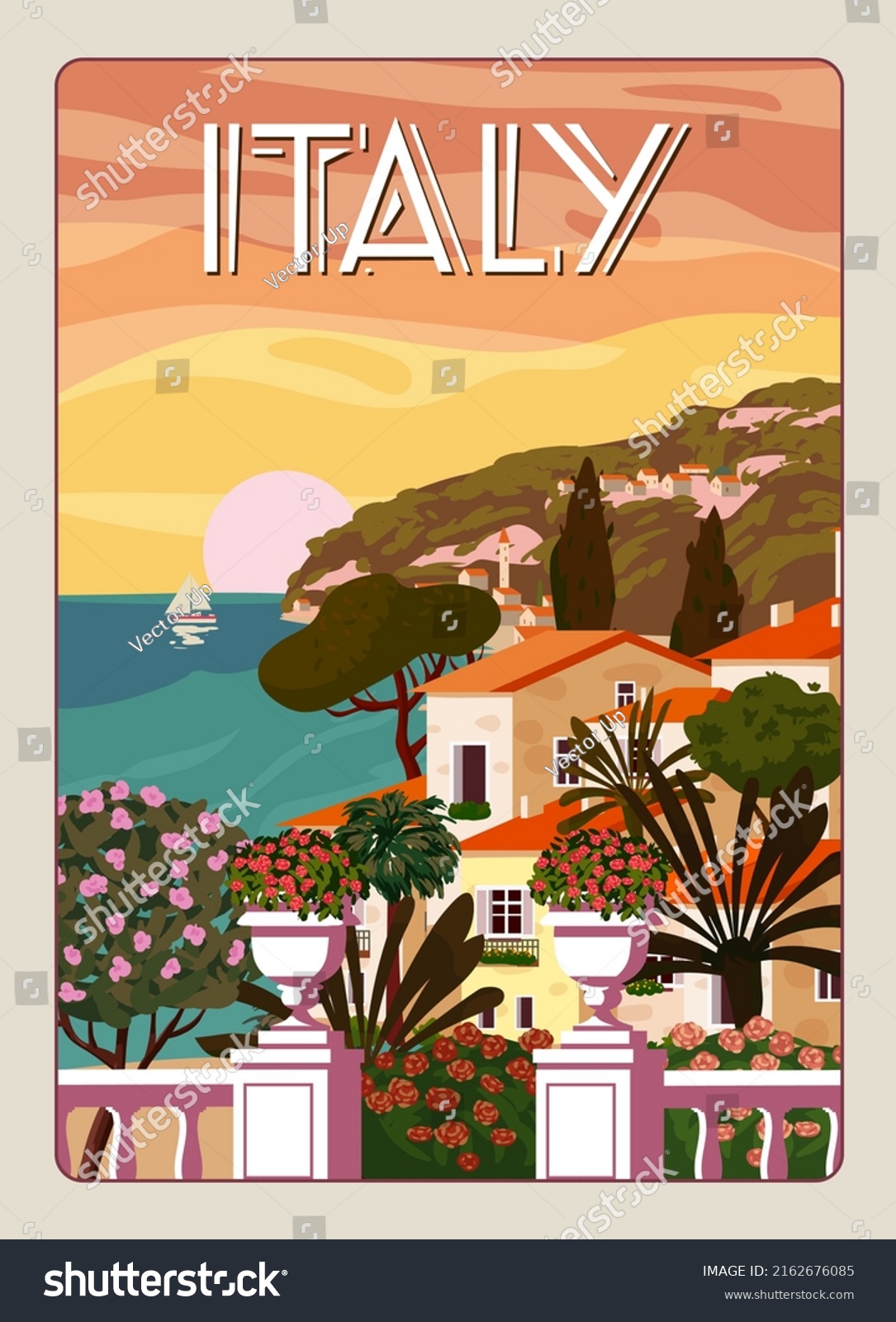 SVG of Retro Poster Italy, mediterranean romantic landscape, mountains, seaside town, sailboat, sea. Retro travel poster svg