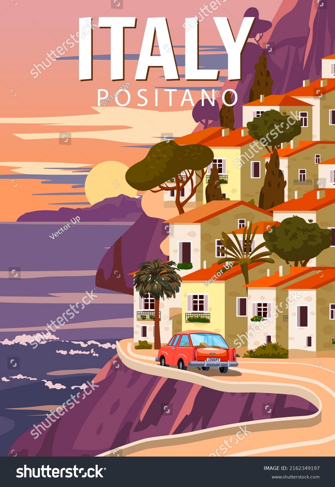 SVG of Retro Poster Italy, mediterranean romantic landscape, road, car, mountains, seaside town, sailboat, sea. Retro travel poster svg
