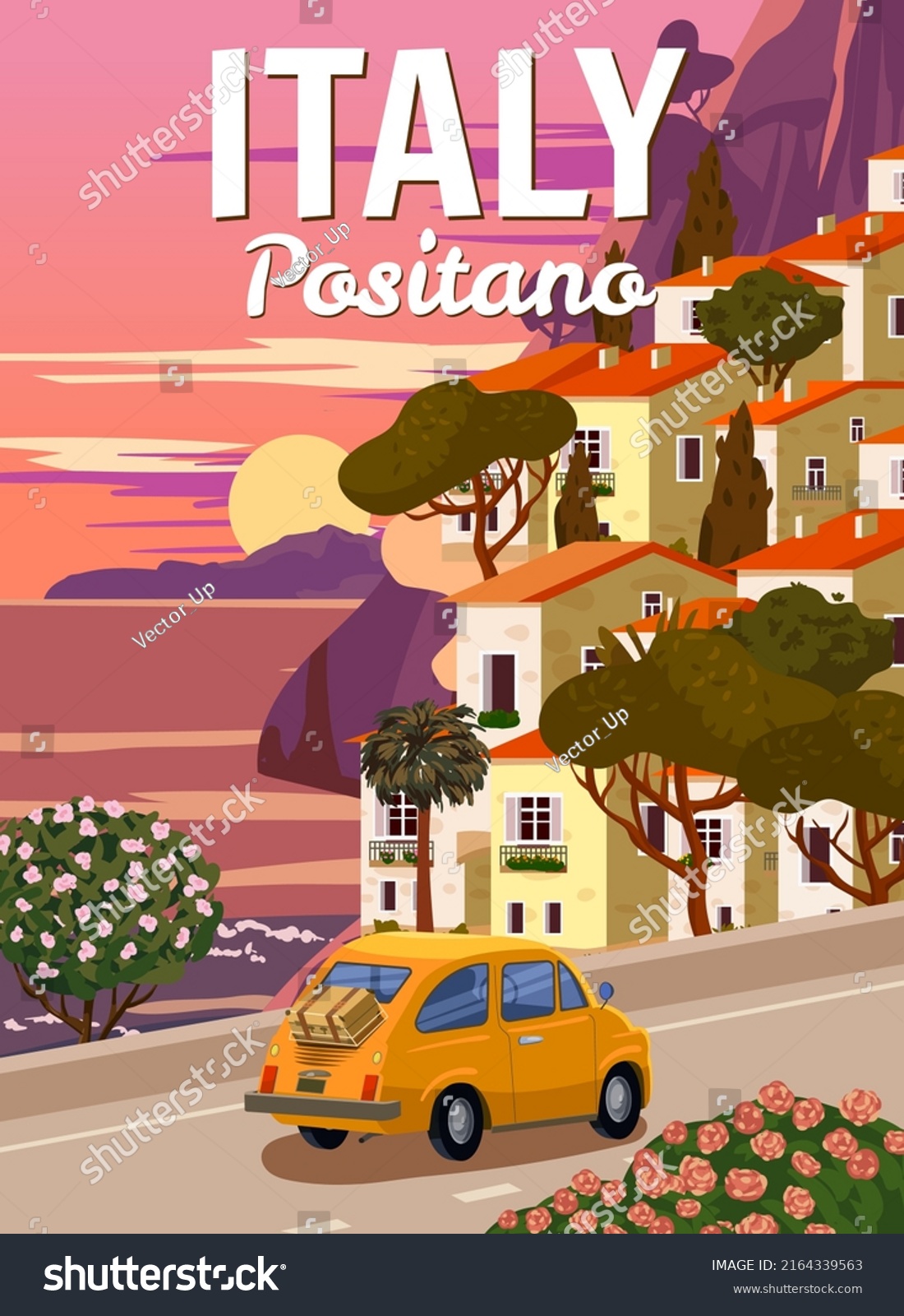 SVG of Retro Poster Italy, Positano resort, Amalfi coast. Road retro car, mediterranean romantic landscape, mountains, seaside town, sailboat, sea. Retro travel poster svg