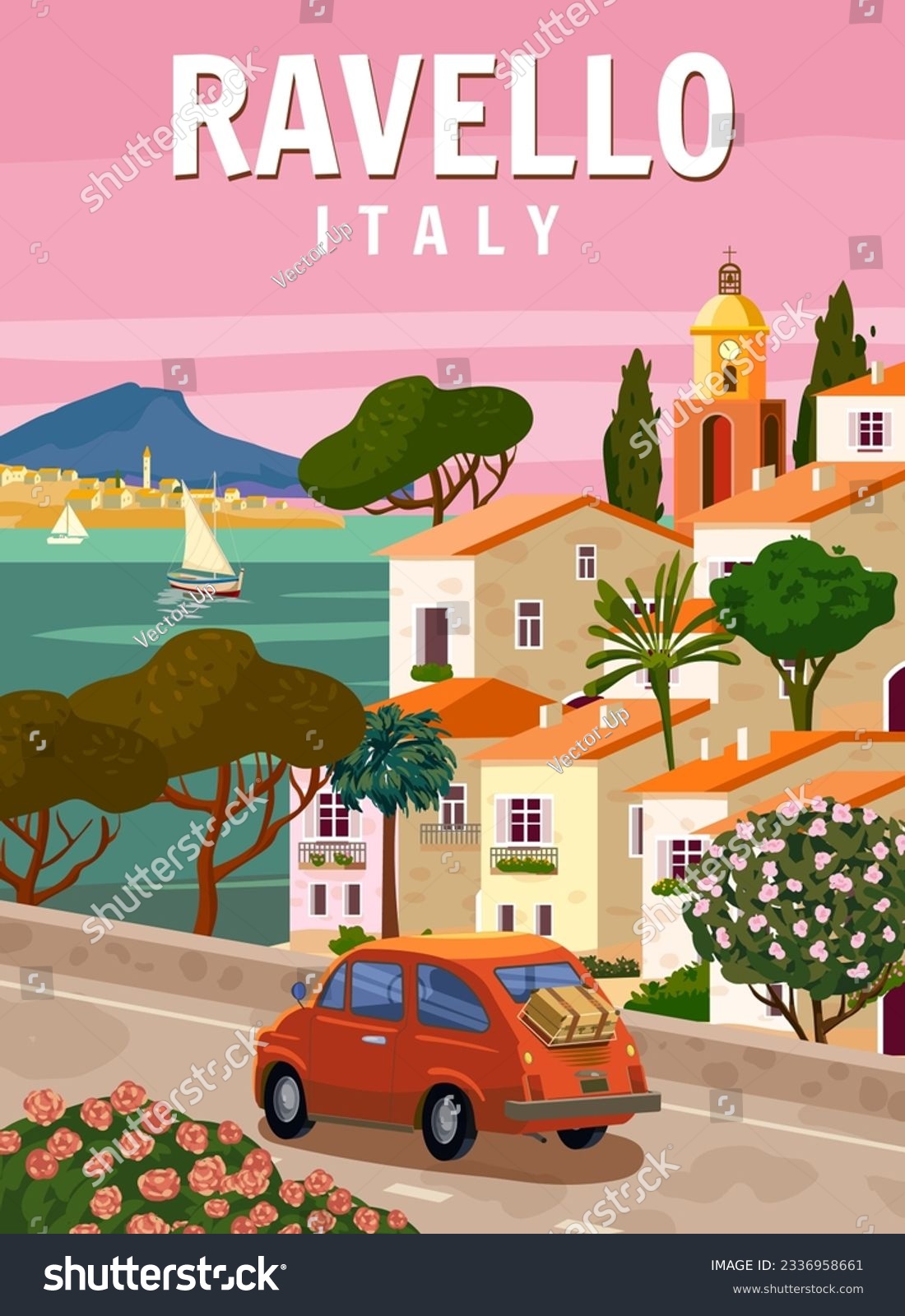 SVG of Retro Poster Italy, Ravello resort, Amalfi coast. Road retro car, mediterranean romantic landscape, mountains, seaside town, sailboat, sea. Retro travel poster svg