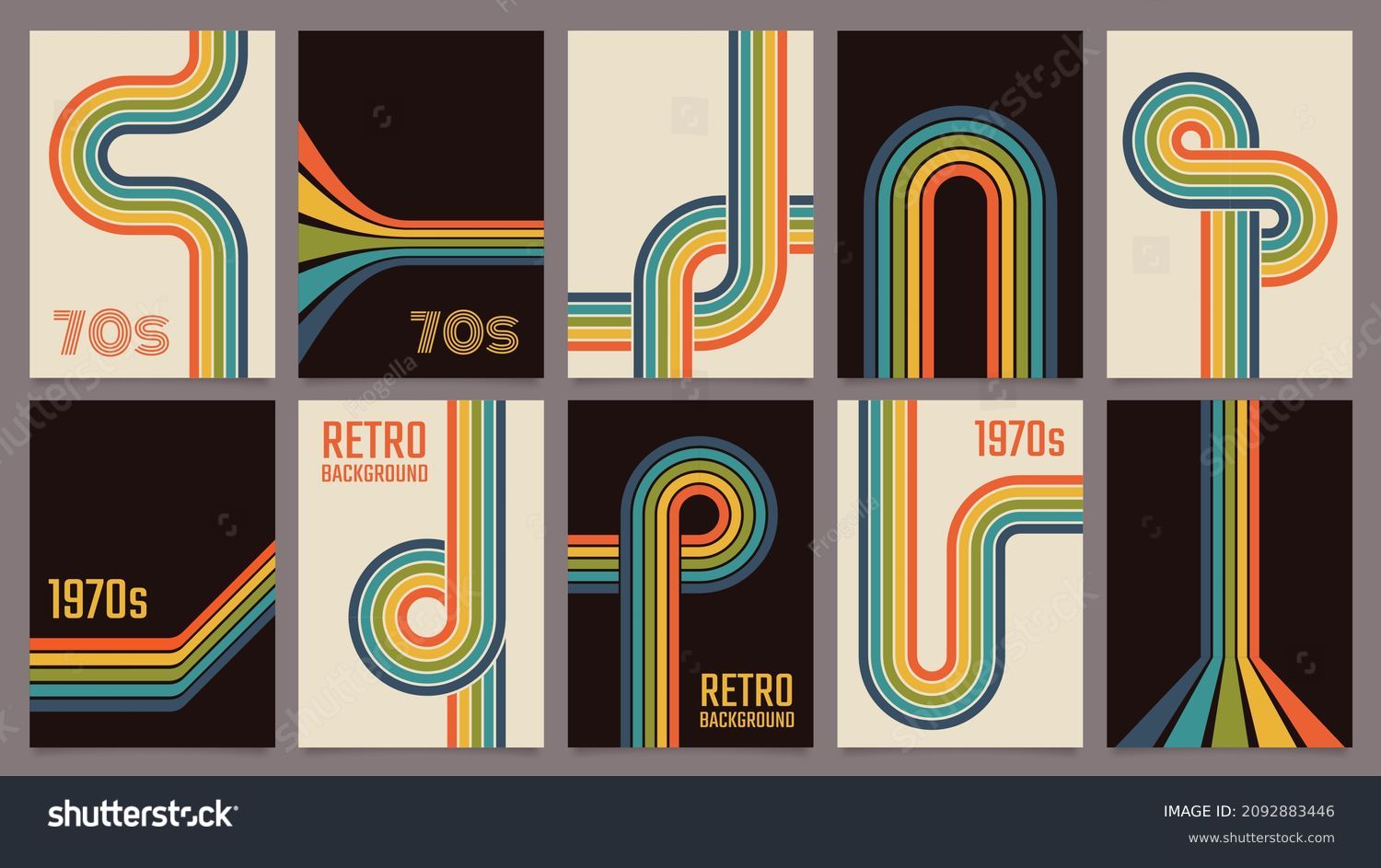SVG of Retro 70s geometric posters, vintage rainbow color lines print. Groovy striped design poster, abstract 1970s colorful background vector set. Minimalistic old-fashioned cover for artwork svg