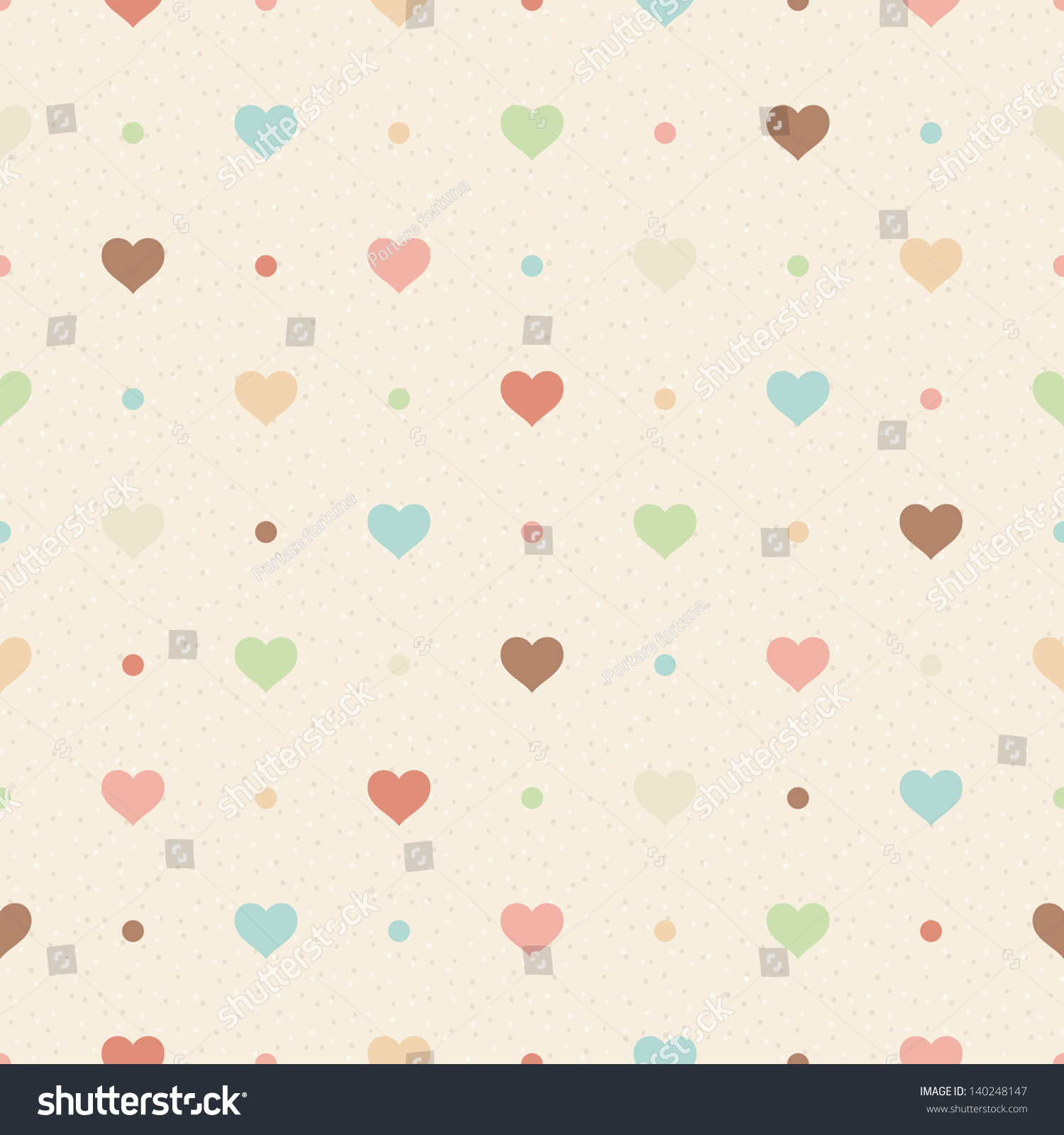 Retro Seamless Pattern. Color Hearts And Dots On Beige Textured ...