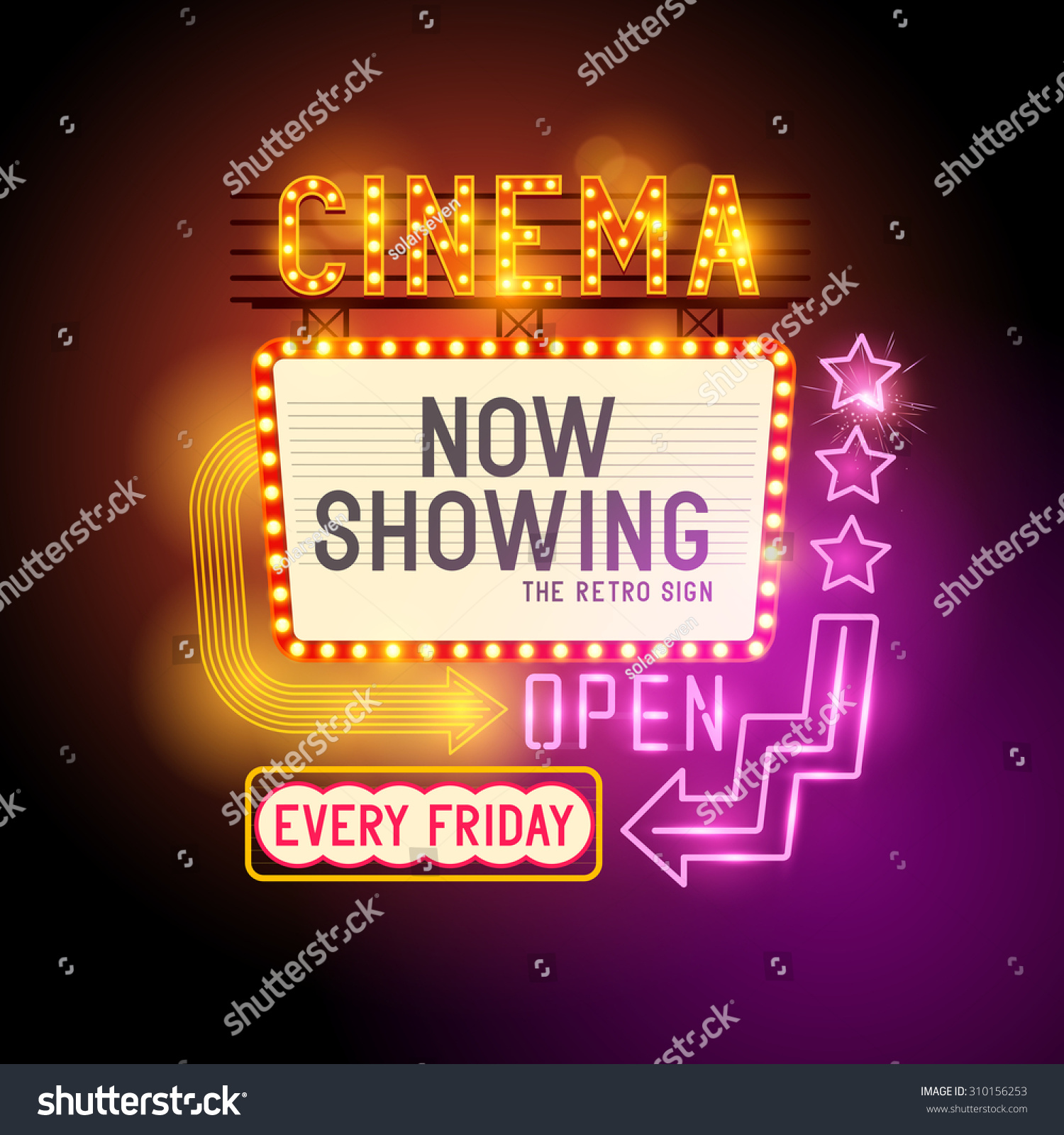 Retro Showtime Sign. Theatre Cinema Retro Sign With Glowing Neon Signs ...