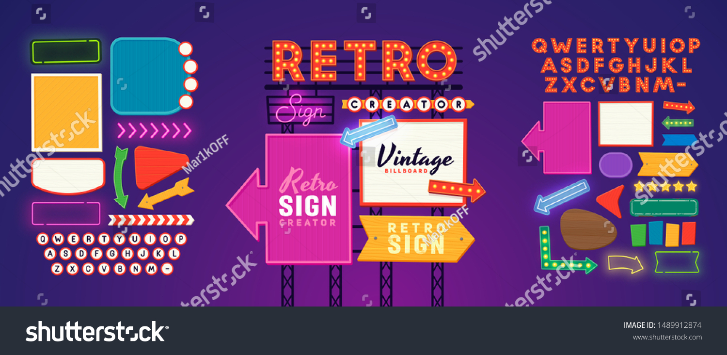 Retro Hotel Sign Images Stock Photos Vectors Shutterstock   Stock Vector Retro Signboard Creator Set Elements For Street Sign Scene Creator Neon Sign Retro Font 1489912874 