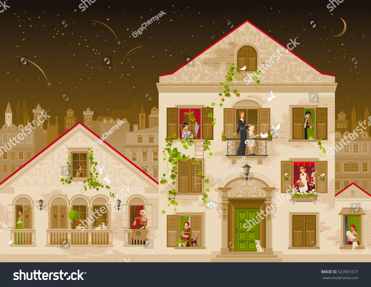 SVG of Retro stone house with people in windows, vector illustration. Vintage street architecture, victorian style building, poster template. Cute cartoon beautiful senior and young citizens, kids, adults svg