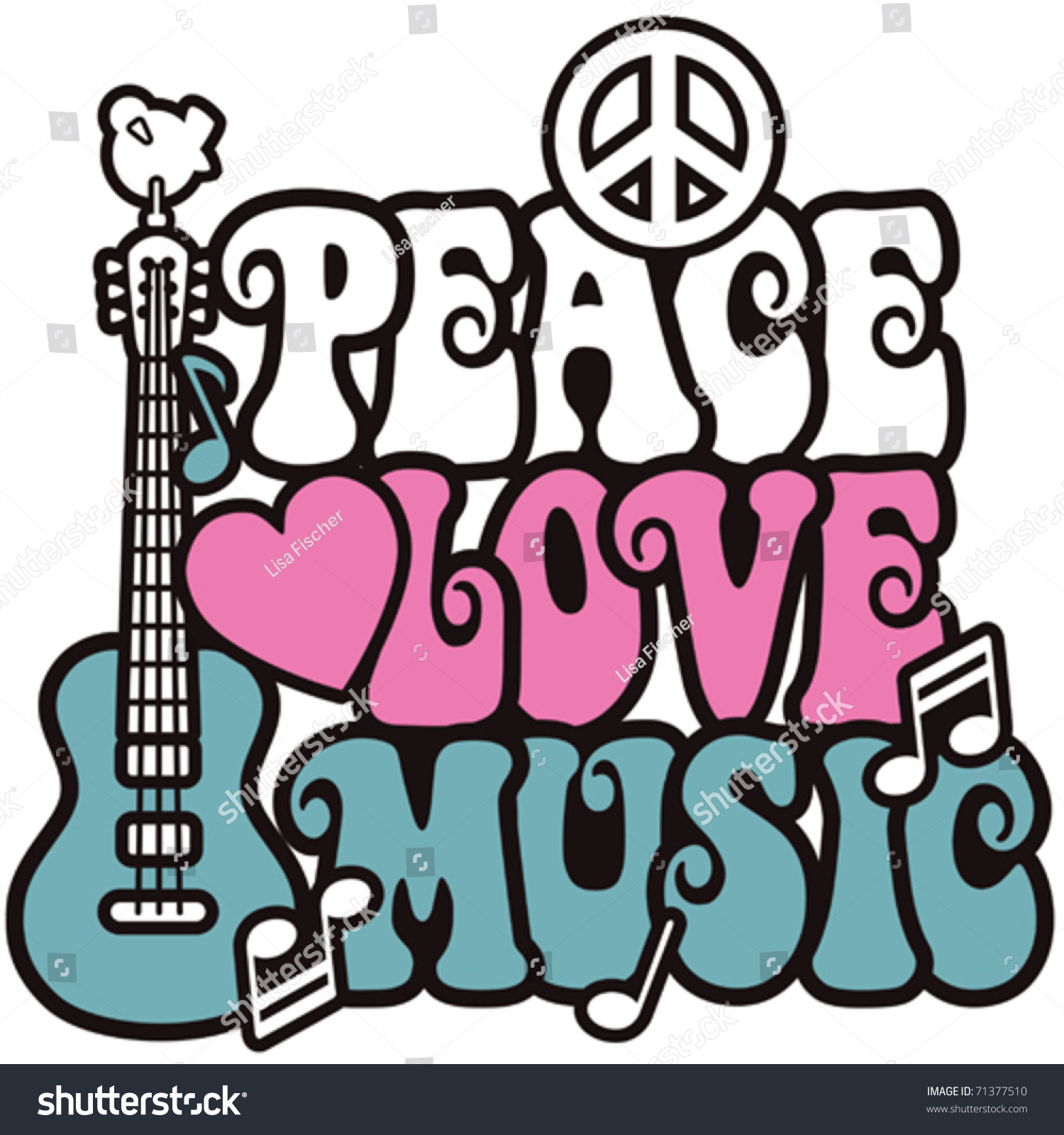 Retro -Style Illustration Of A Guitar, Peace Symbol And Dove With The ...