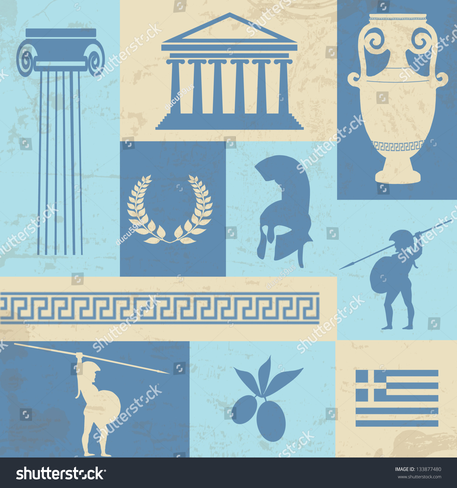 Retro Style Poster With Greece Symbols And Landmarks, Vector ...