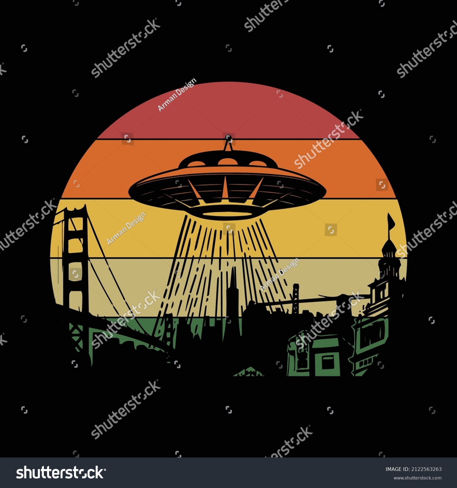 SVG of Retro Sunset UFO Flying City Skyline T shirt design svg
