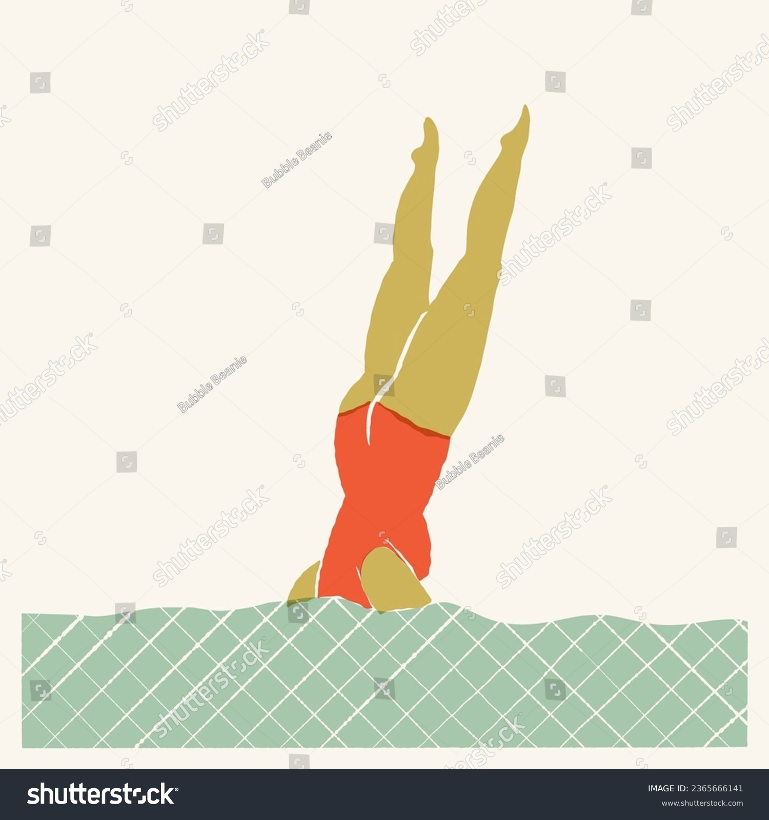 SVG of Retro swimmer jumping in the pool, synchronized swimmer diving into the water. Vector vintage mid-century style art print, hand-drawn poster, 1950s wall art. svg