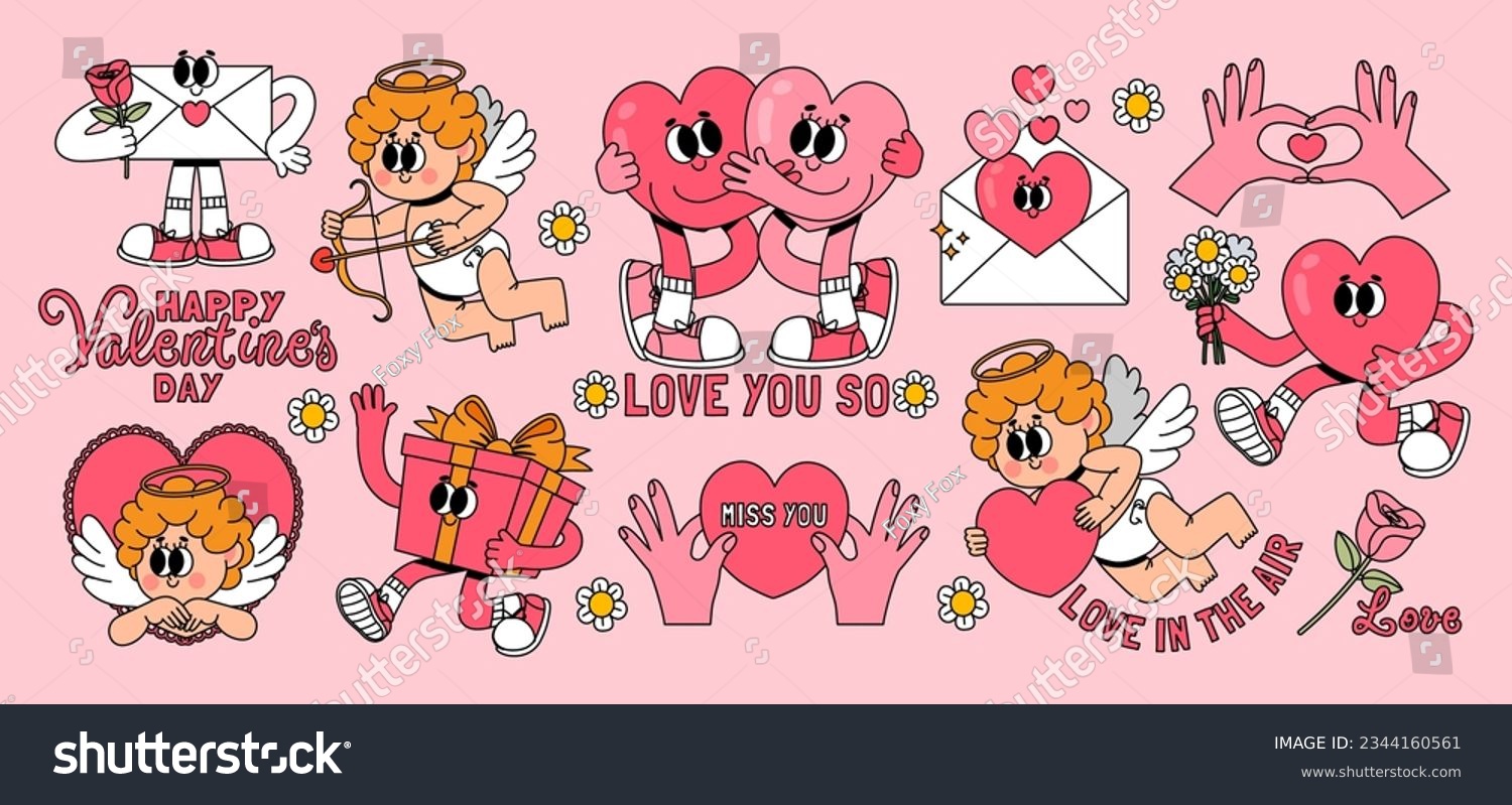 SVG of Retro Valentines day sticker. Cartoon groovy romantic elements, holiday hippy characters. Vintage comic cute cupid with love arrow, running heart with flower, vector set. Hands holding valentine card svg