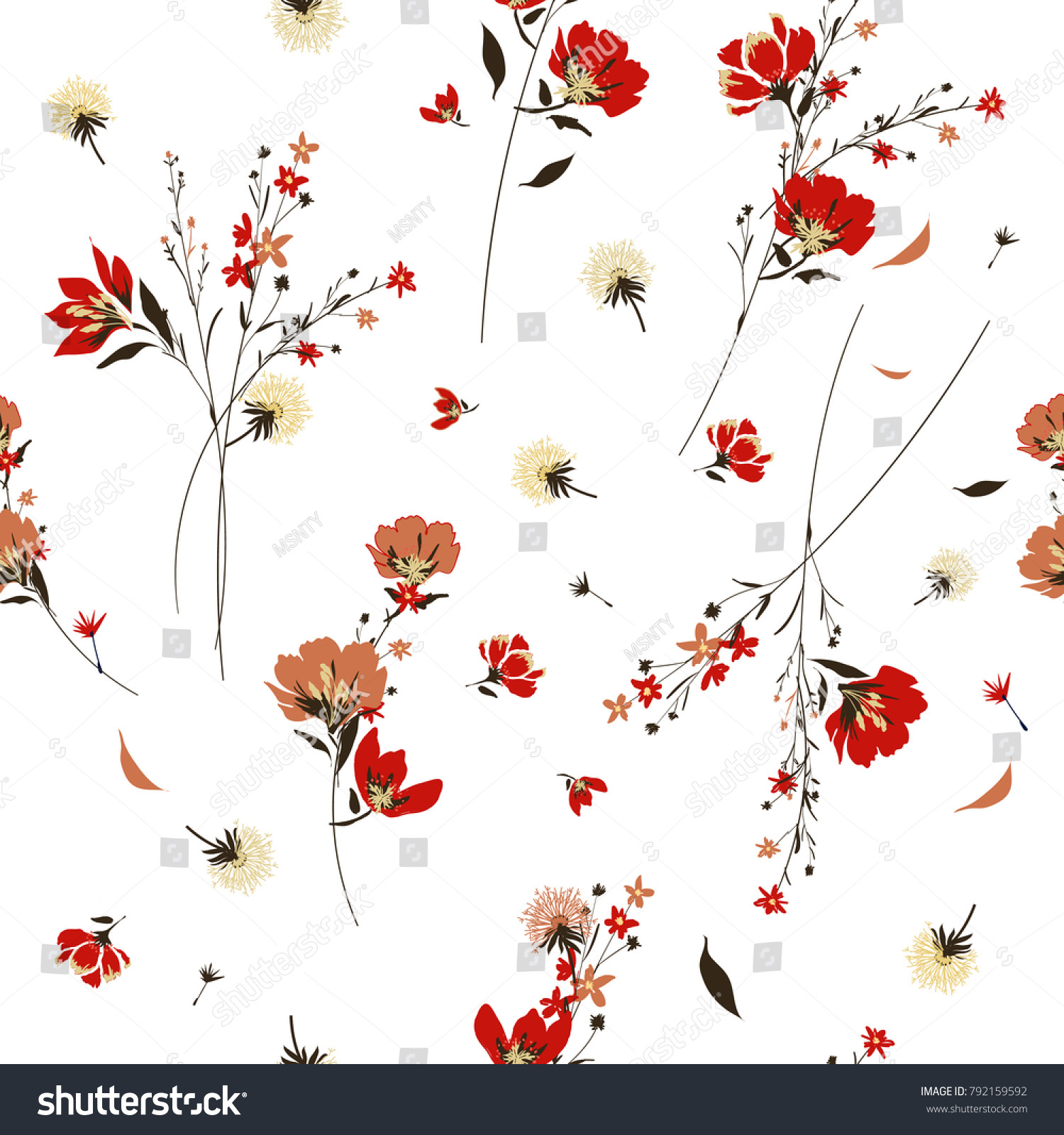 多くの種類の花柄にレトロな野生の花柄 ボタニカルモティフスは乱雑に散らばった シームレスなベクター画像テクスチャー ファッションプリント用 白い背景に手描きのスタイルで印刷 のベクター画像素材 ロイヤリティフリー