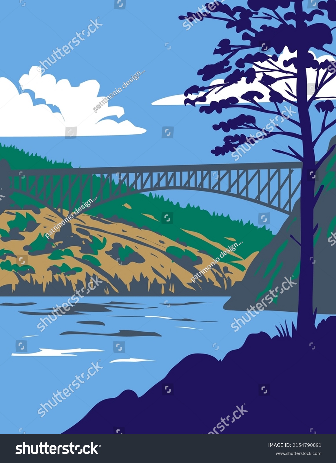 SVG of Retro WPA illustration of Deception Pass State Park with Whidbey Island and Fidalgo Island, in Washington State. USA done in works project administration or federal art project style. svg