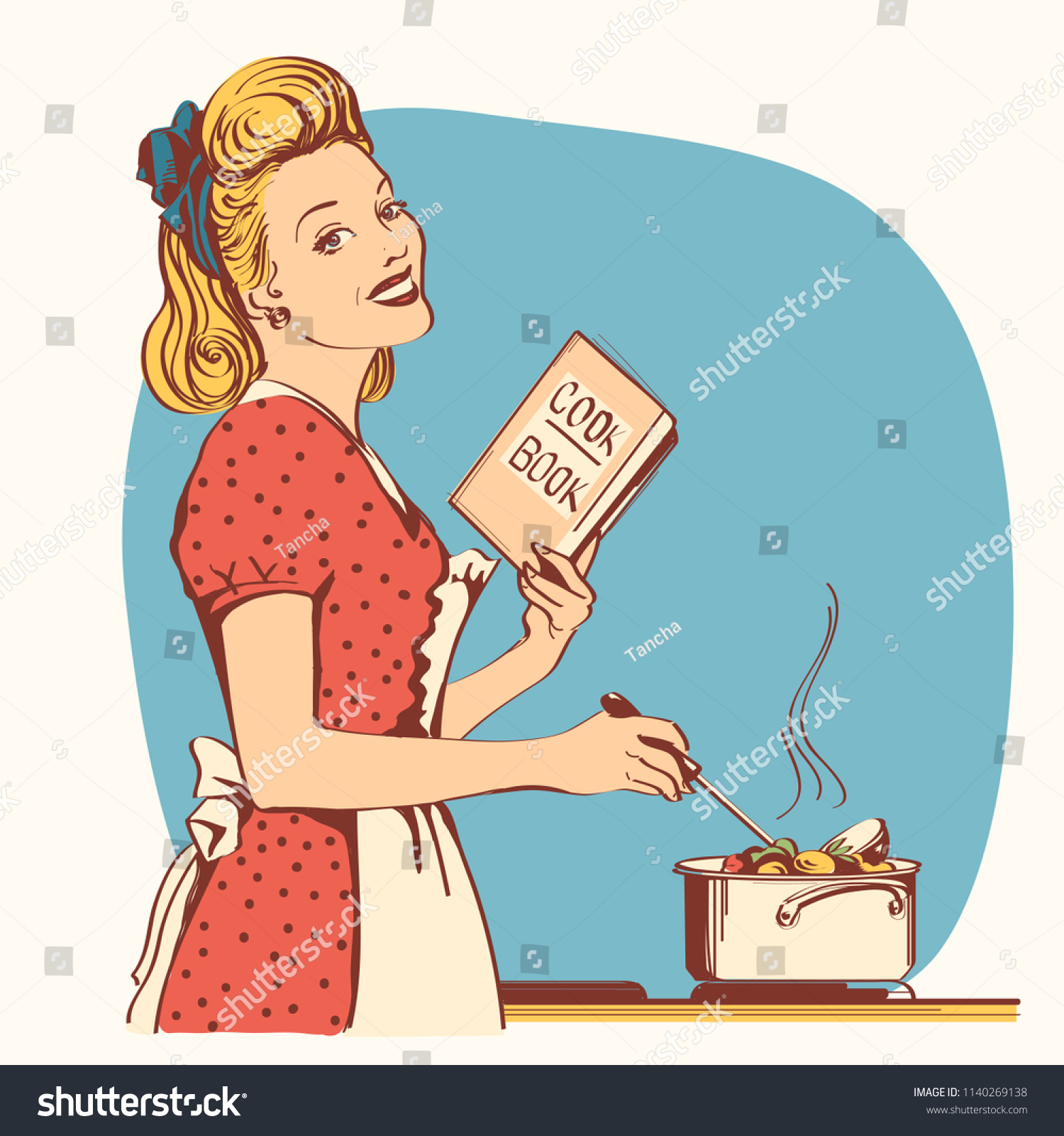 SVG of Retro young woman in red old fashioned dress cooking soup in her kitchen room.Reto style illustration svg