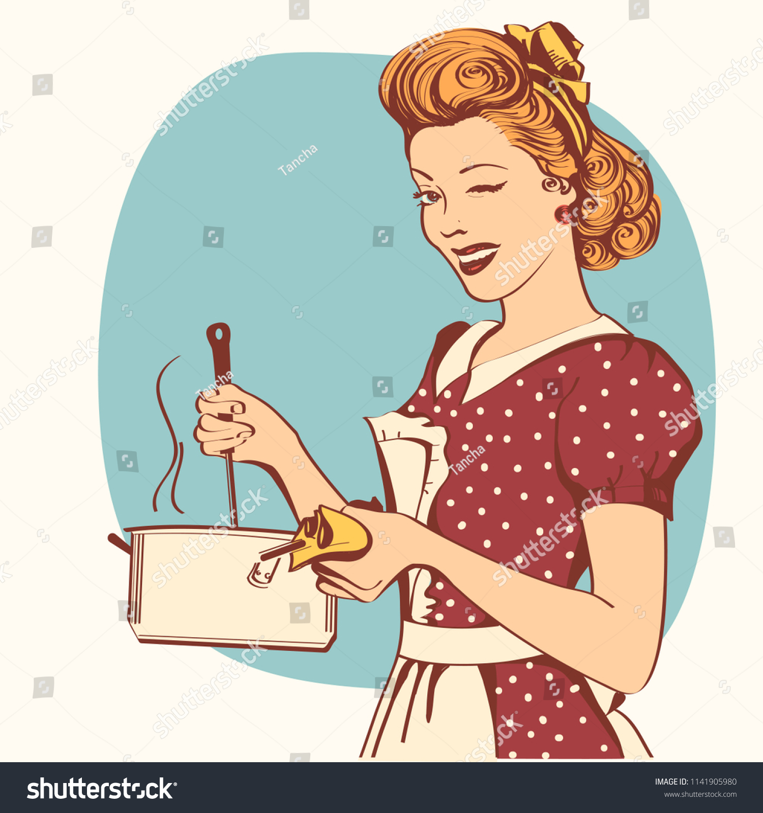 SVG of Retro young woman in retro clothes cooking soup in her kitchen room.Vector color illustration svg