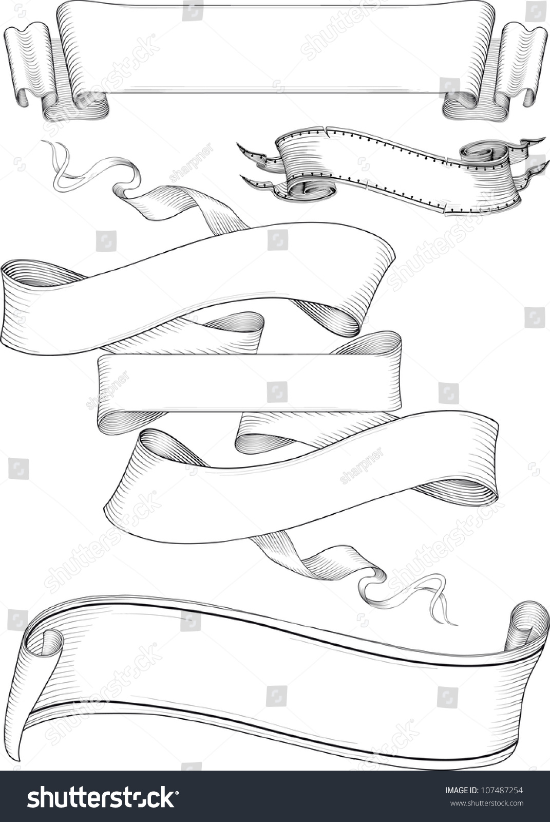 Ribbon Banners Engraving Style. Isolated On White Stock Vector ...