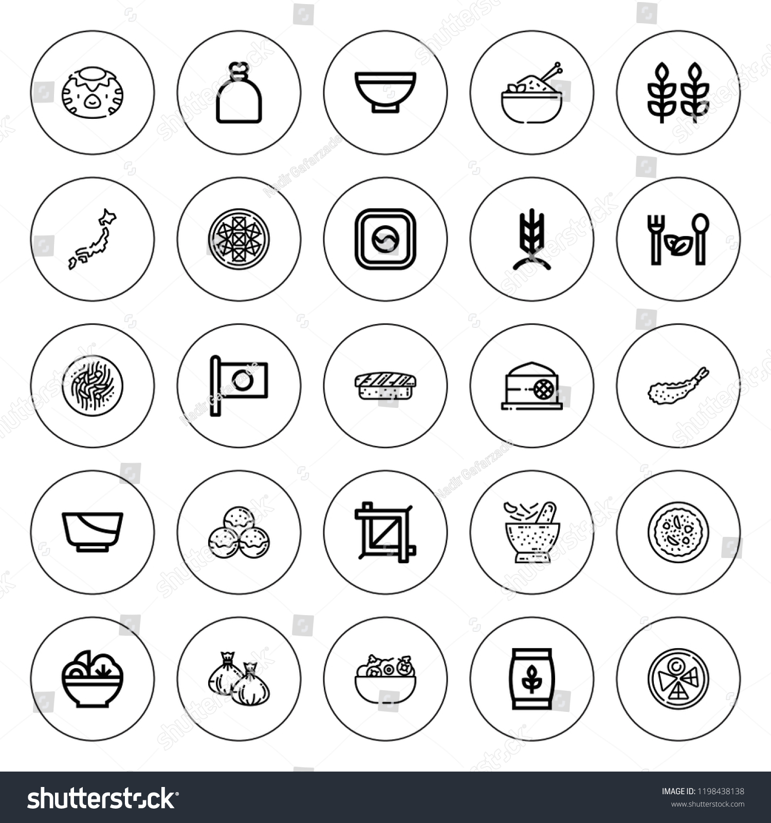 SVG of Rice icon set. collection of 25 outline rice icons with bowl, chow mein, dumpling, crop, kappa, grain, japan, rice, rye, sack, takoyaki, sushi, salad icons. editable icons. svg