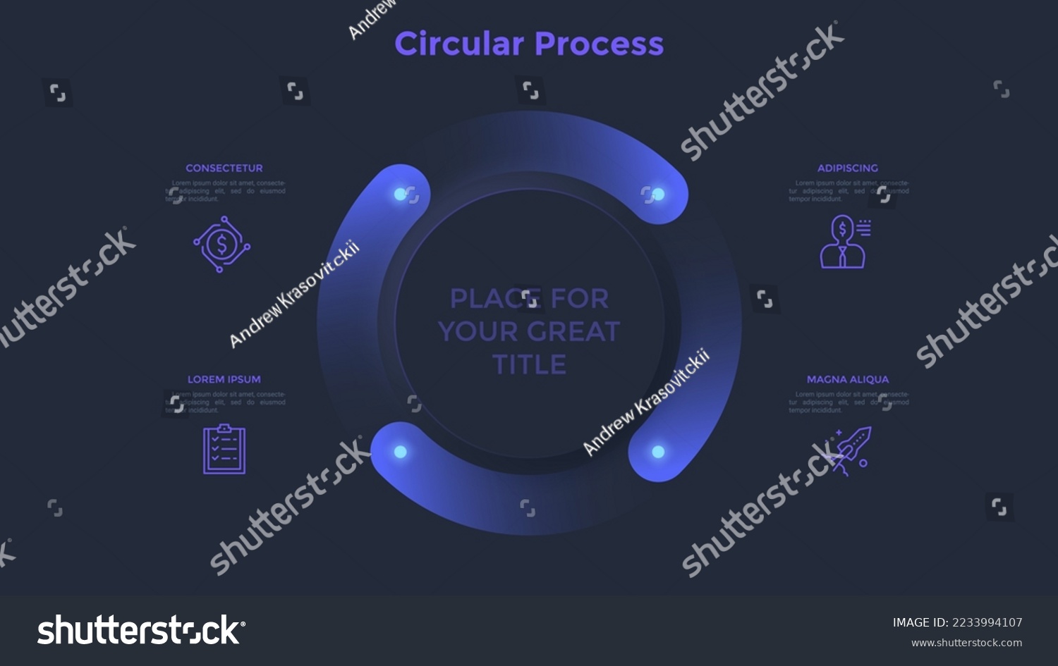 SVG of Ring-like cyclic chart with four gradient elements. Concept of 4 steps to startup project launch. Dark neon infographic design template. Modern vector illustration for business data visualization. svg