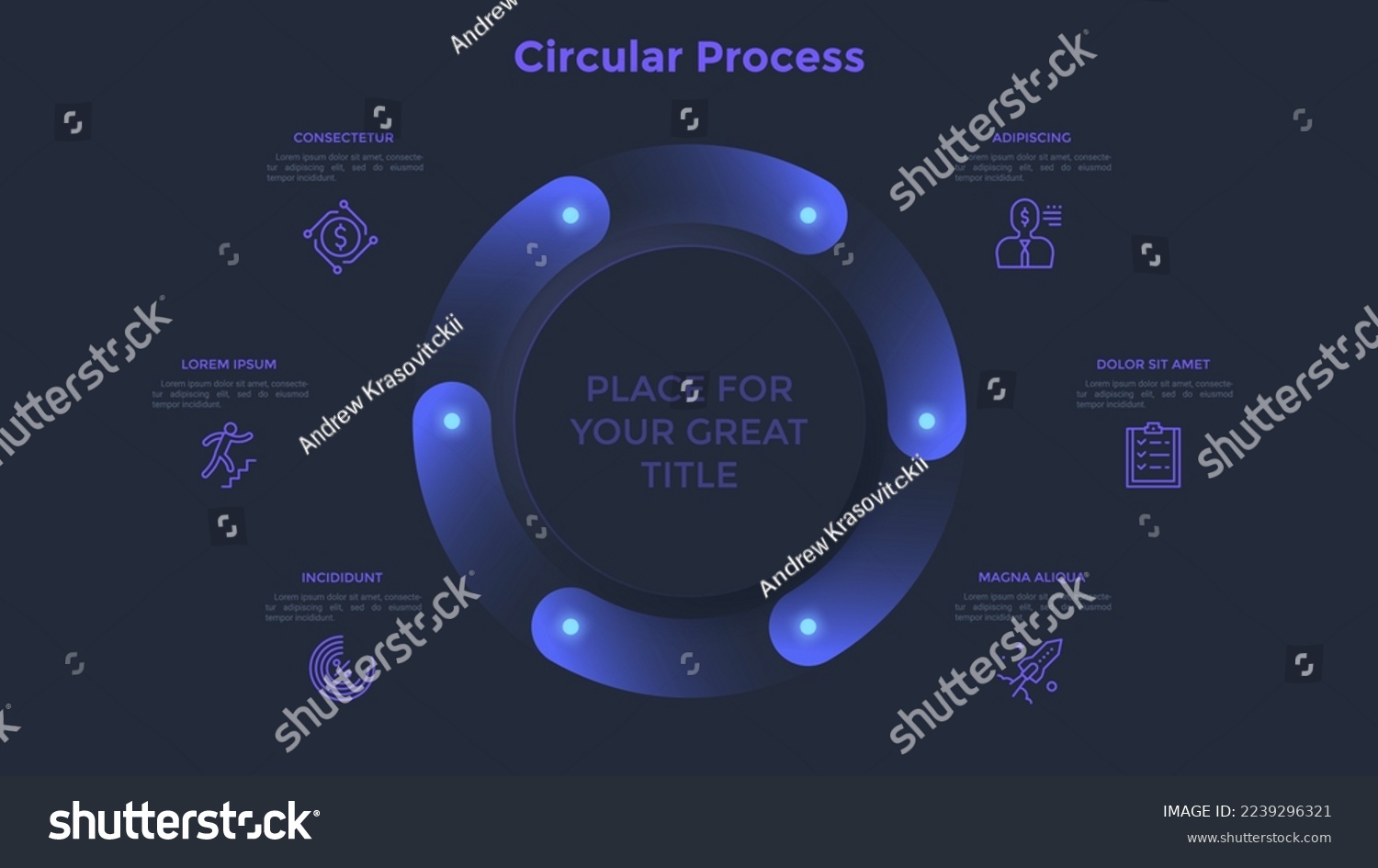SVG of Ring-like cyclic chart with six gradient elements. Concept of 6 steps to startup project launch. Dark neon infographic design template. Modern vector illustration for business data visualization. svg