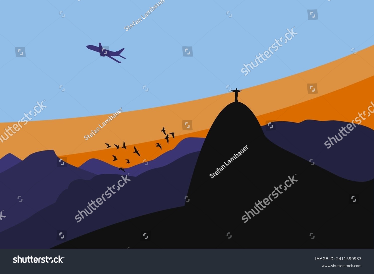 SVG of Rio de janeiro, Brazil. Statue of Christ on Corcovado Mountain during sunset with blue sky. Airplane silhouette in the sky and birds flying. Tijuca National Park. EPS Illustration. svg