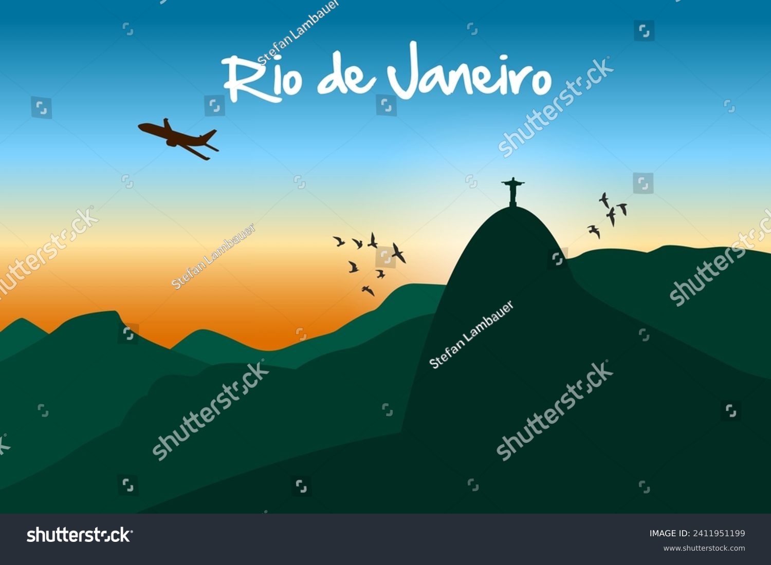 SVG of Rio de janeiro, Brazil. Statue of Christ on Corcovado Mountain during sunset with blue sky. Airplane silhouette in the sky and birds flying. Tijuca National Park. Illustration in eps. svg