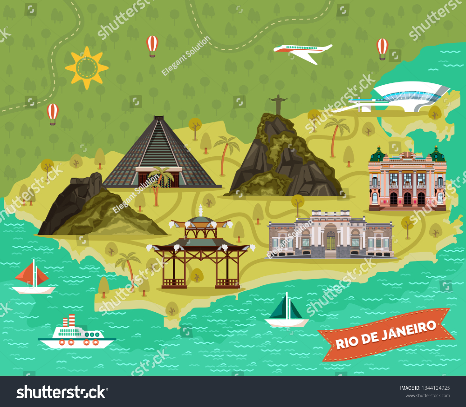 Rio De Janeiro Map Sightseeing Landmarks Stock Vector Royalty Free