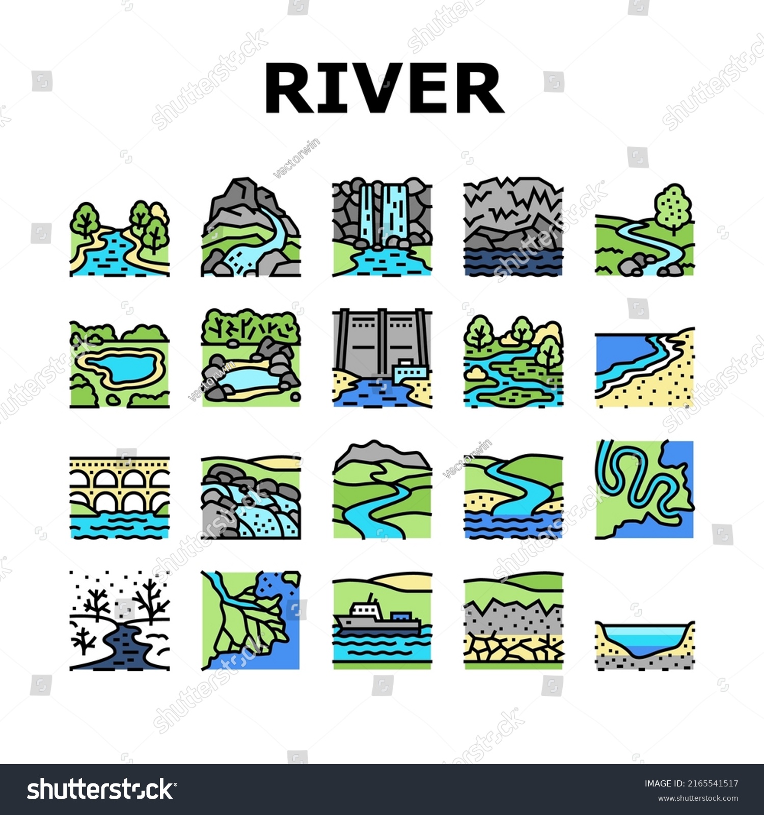 SVG of River And Lake Nature Landscape Icons Set Vector. River Mouth And Delta, Sea Shore And Pond In Forest, Aqueduct Construction And Dam. Waterfall And Water Reservoir Color Illustrations svg