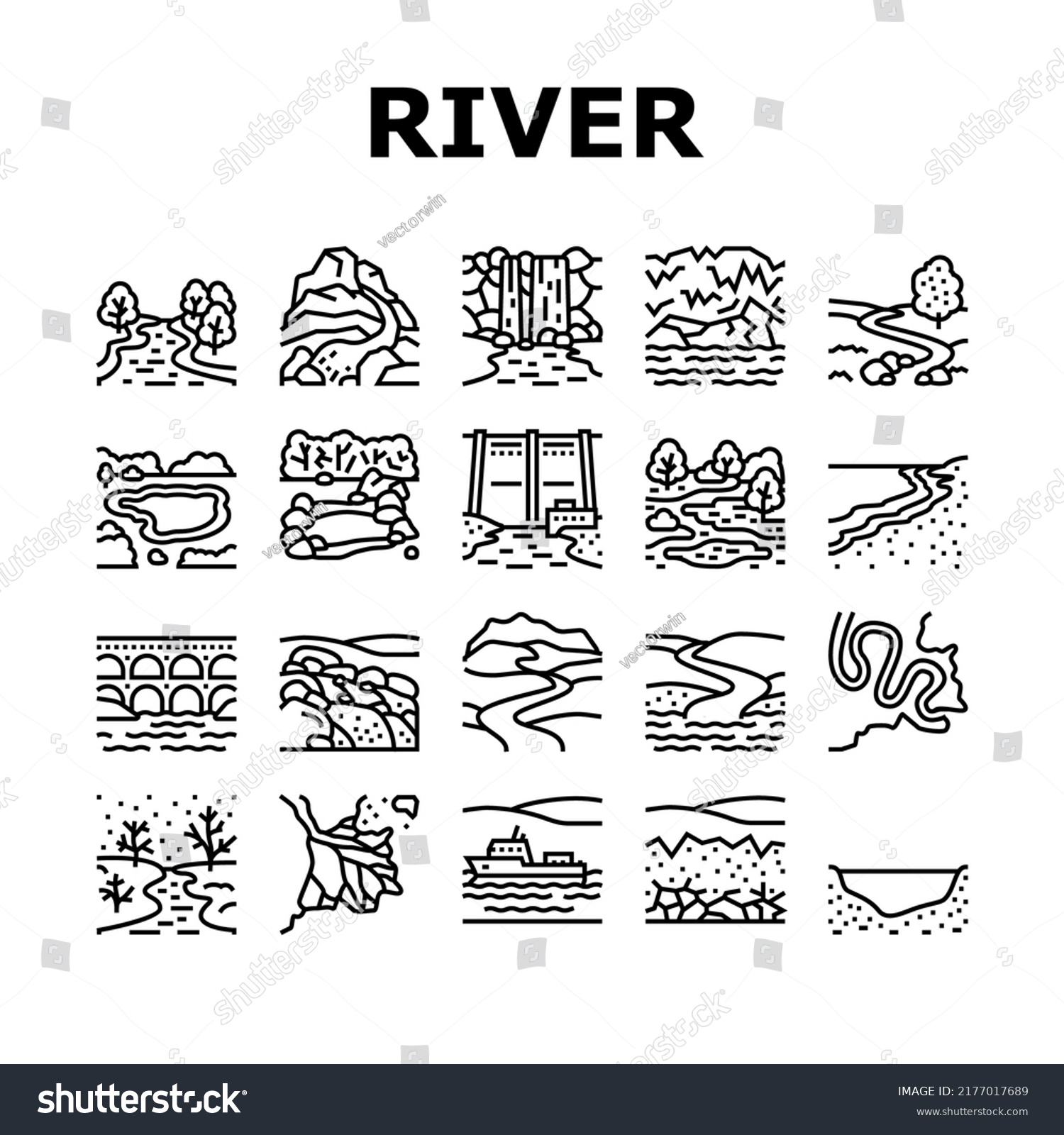 SVG of River And Lake Nature Landscape Icons Set Vector. River Mouth And Delta, Sea Shore And Pond In Forest, Aqueduct Construction And Dam. Waterfall And Water Reservoir Black Contour Illustrations svg