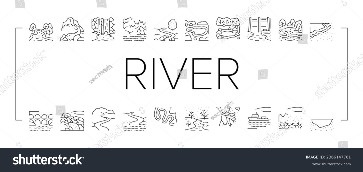 SVG of River And Lake Nature Landscape Icons Set Vector. River Mouth And Delta, Sea Shore And Pond In Forest, Aqueduct Construction And Dam. Waterfall And Water Reservoir Black Contour Illustrations svg