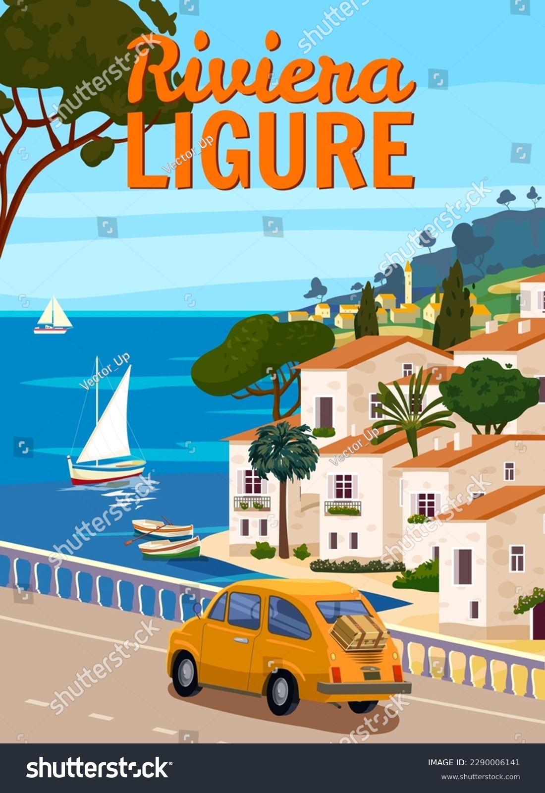 SVG of Riviera Ligure Italy, mediterranean romantic landscape, mountains, seaside town, sea. Retro poster travel svg