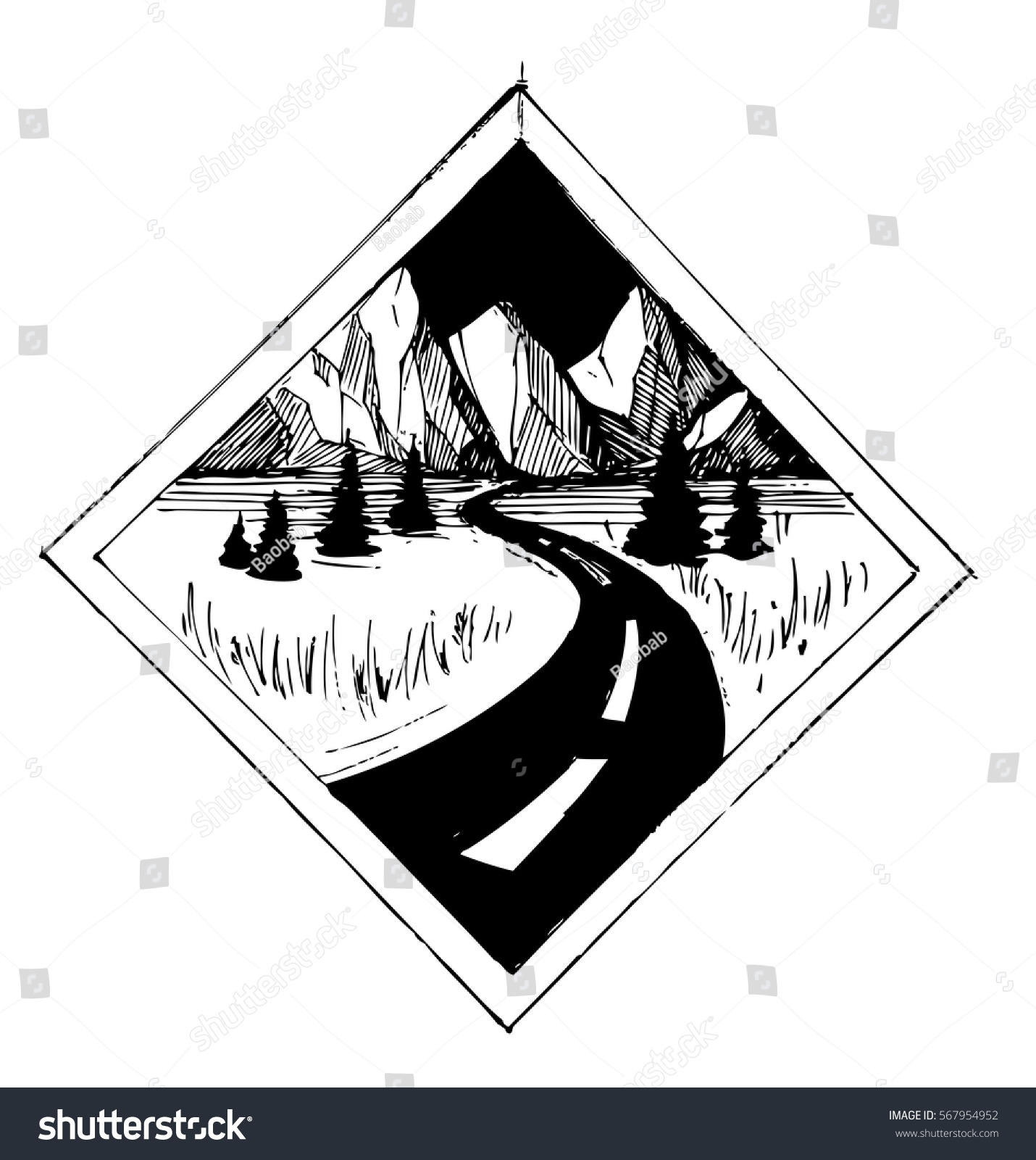 Road Mountains Tattoo Sketch Vector Print Stock Vector Royalty Free