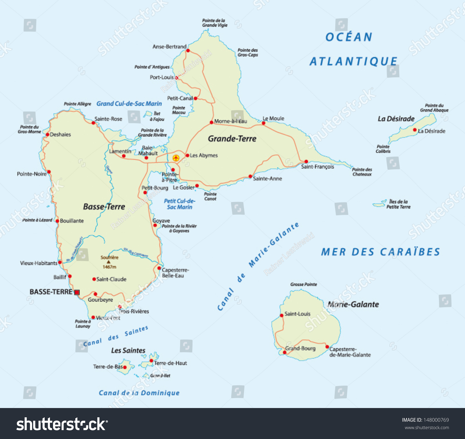 Road Map Of Guadeloupe Stock Vector Illustration 148000769 : Shutterstock