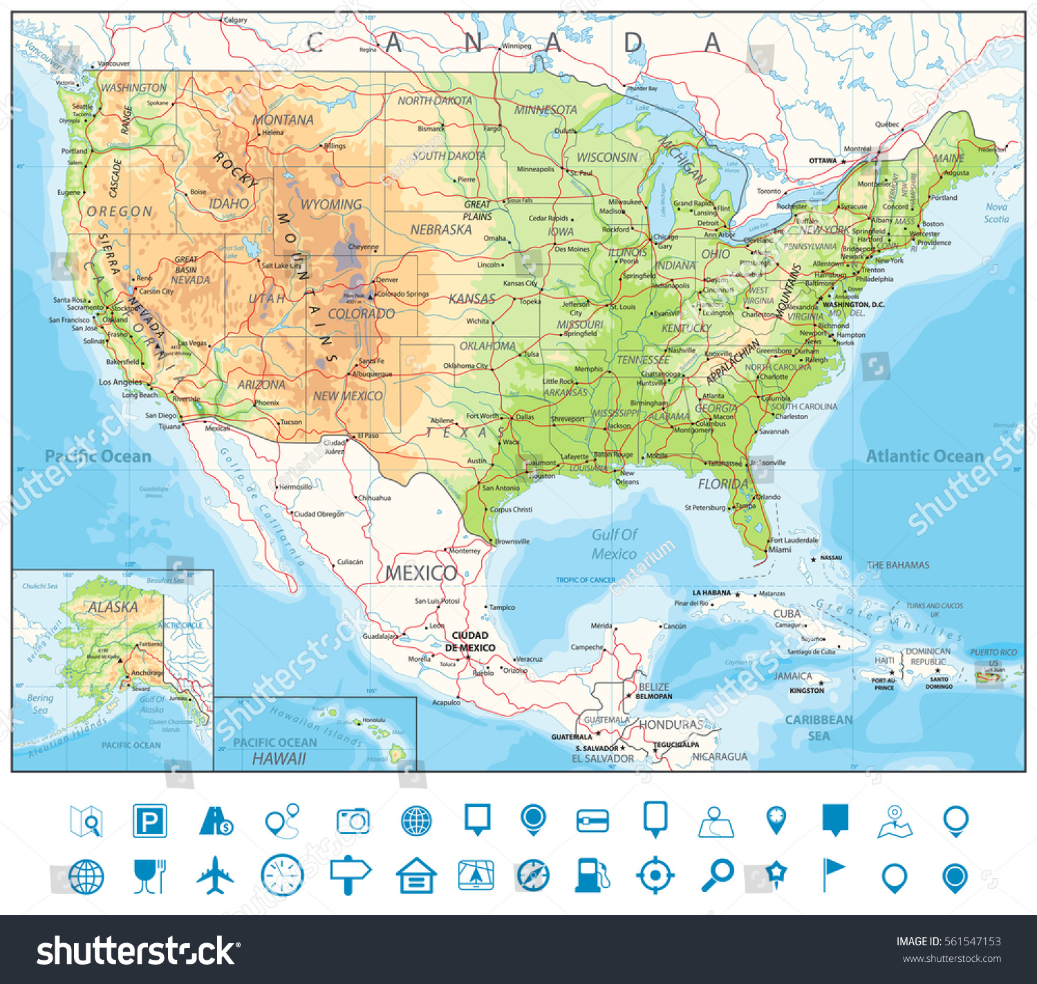 Road Physical Map Usa Roads Railroads Stock Vector Royalty Free