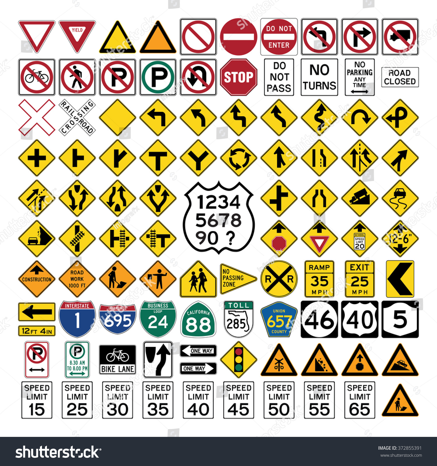 Road Signs Symbols Stock Vector 372855391 - Shutterstock