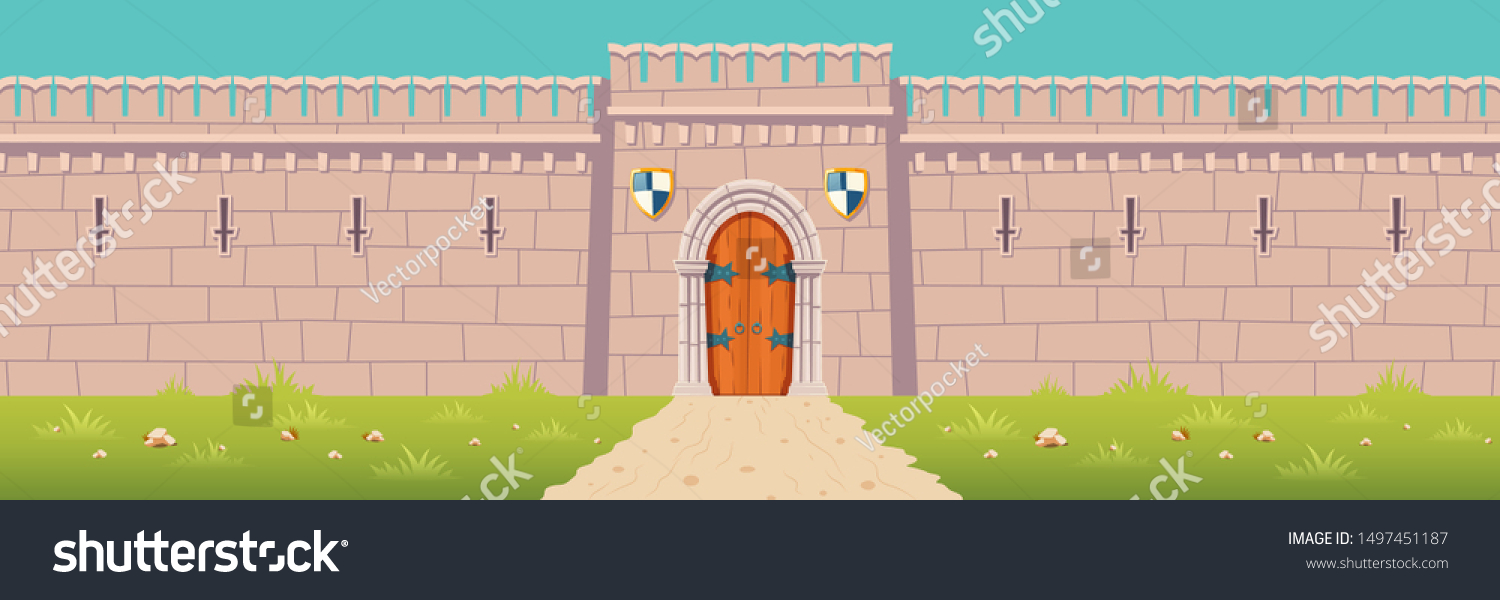 SVG of Road to medieval city or town fortress, kings castle, fairytale citadel, fantasy stronghold stone walls with arched wooden gates and heraldic shields under closed doorway cartoon vector illustration svg