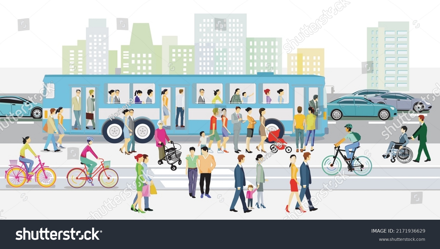 Road Traffic Bus Stop Pedestrians Cyclists Stock Vector (Royalty Free ...